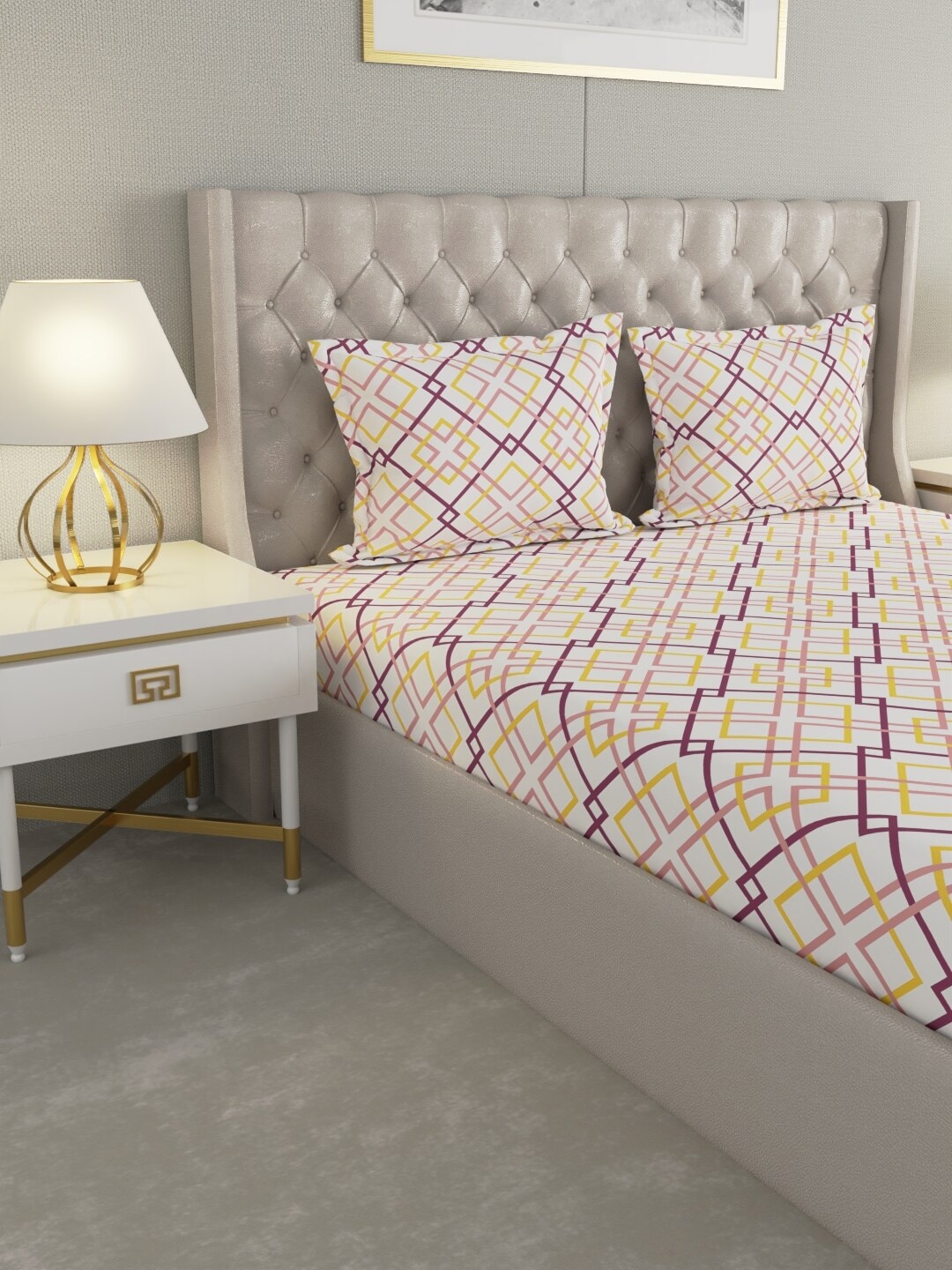 Raymond Home White & Yellow Geometric Cotton 104 TC Queen Bedsheet with 2 Pillow Covers
Raymond Home White & Yellow Geometric Cotton 104 TC Queen Bedsheet with 2 Pillow Covers