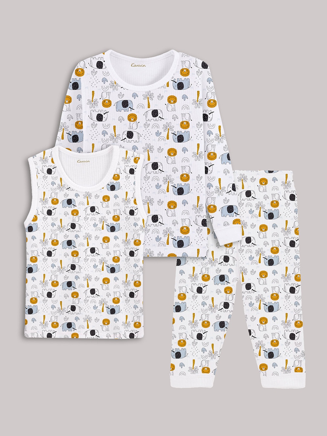Kanvin Girls White Printed Thermal Set