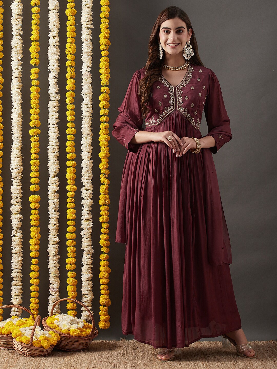 FASHOR Floral Embroidered Zardozi Silk Empire Maxi Ethnic Dress With Dupatta, Maroon