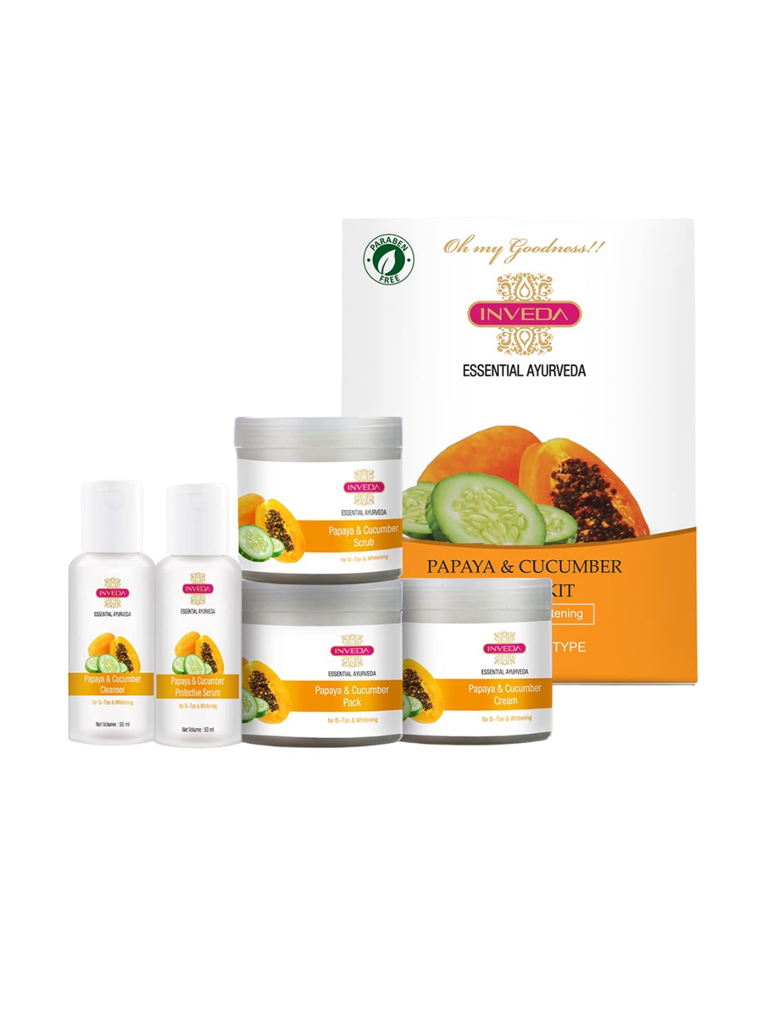 Inveda Set Of 5 Papaya & Cucumber Cleanser-Serum-50ml Each-Scrub-Pack-Cream-100ml Each, White
Inveda Set Of 5 Papaya & Cucumber Cleanser-Serum-50ml Each-Scrub-Pack-Cream-100ml Each, White