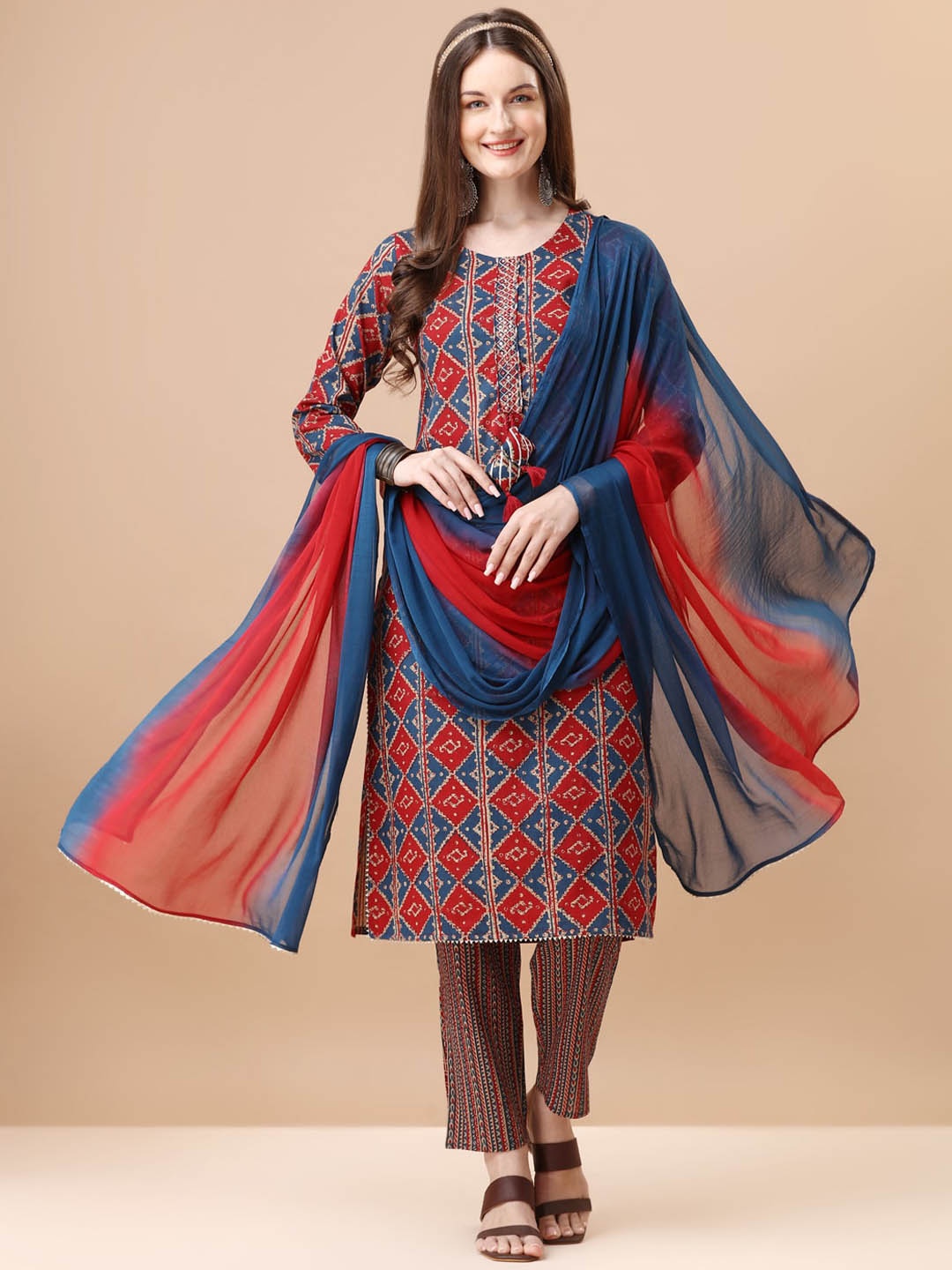 KALINI Geometric Printed Straight Mirror Work Pure Cotton Kurta With Trousers & Dupatta, Red
KALINI Geometric Printed Straight Mirror Work Pure Cotton Kurta With Trousers & Dupatta, Red