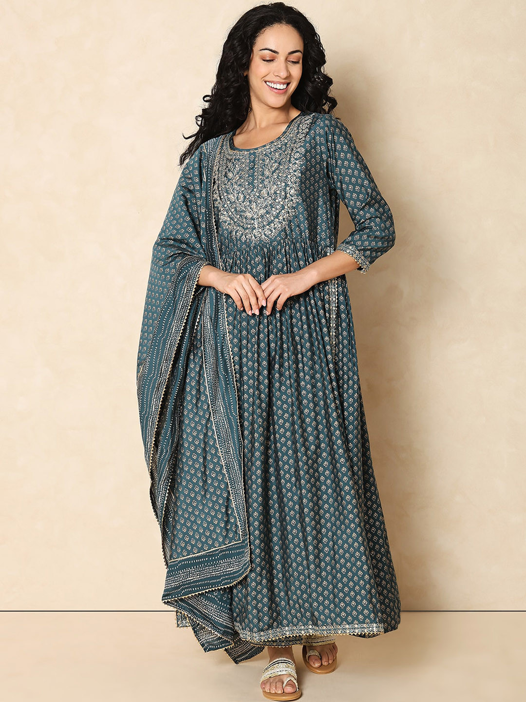 Indifusion Ethnic Motifs Printed Gotta Patti Anarkali Kurta With Trousers & Dupatta, Teal 
Indifusion Ethnic Motifs Printed Gotta Patti Anarkali Kurta With Trousers & Dupatta, Teal
