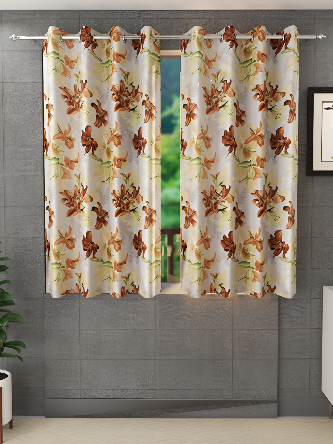 Ville Style Brown & Green 2 Pcs Floral Printed Room Darkening Window Curtains