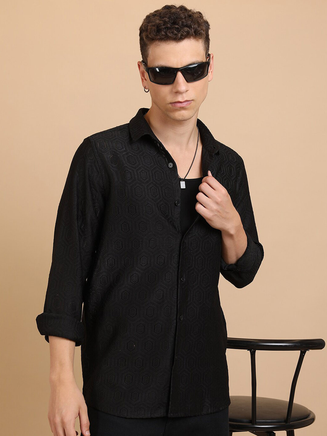 HIGHLANDER Crochet Textured Cutaway Collar Oversized Casual Shirt, Black 
HIGHLANDER Crochet Textured Cutaway Collar Oversized Casual Shirt, Black