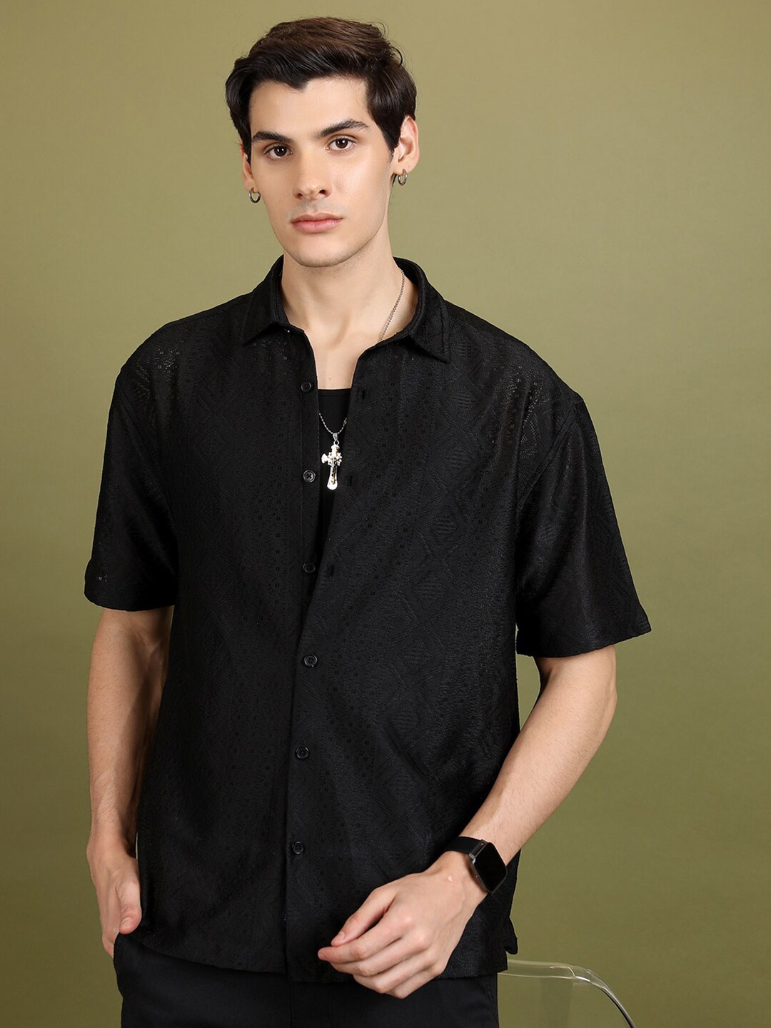 HIGHLANDER Crochet Textured Cutaway Collar Drop Shoulder Oversized Casual Shirt, Black
HIGHLANDER Crochet Textured Cutaway Collar Drop Shoulder Oversized Casual Shirt, Black