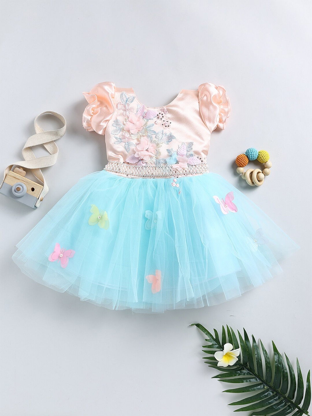 SmartRAHO Girls Embellished Fit & Flare Dress, Peach