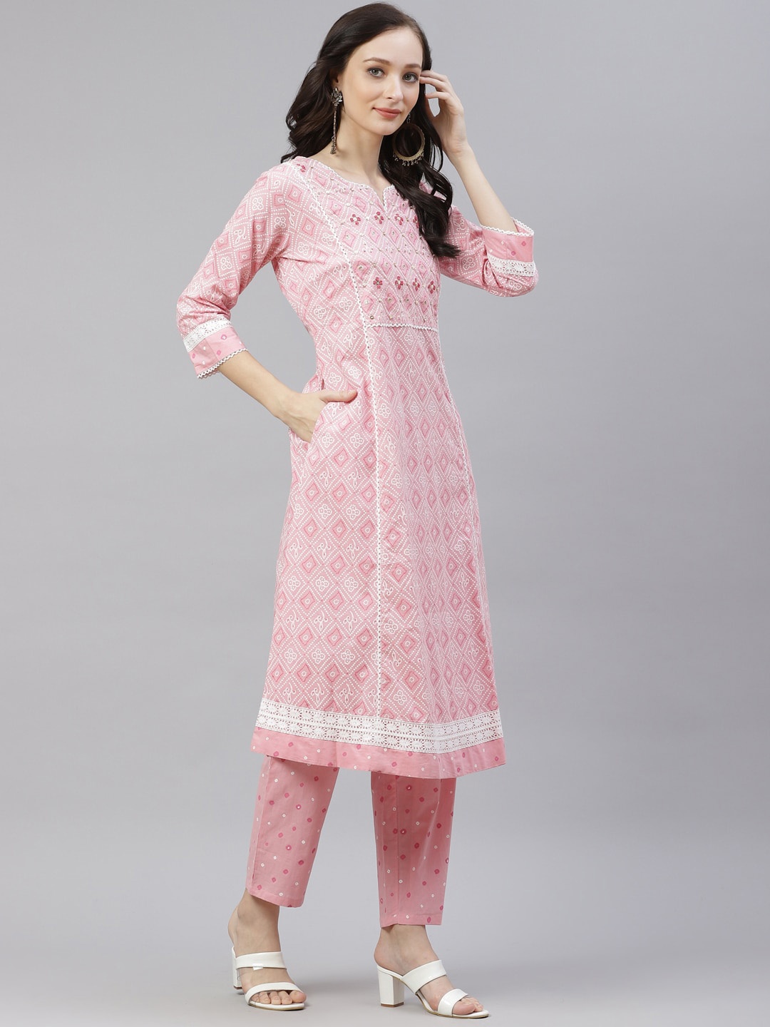 KALINI Bandhani Printed Sequinned Pure Cotton A-line Kurta With Trousers & Dupatta, Pink
KALINI Bandhani Printed Sequinned Pure Cotton A-line Kurta With Trousers & Dupatta, Pink
