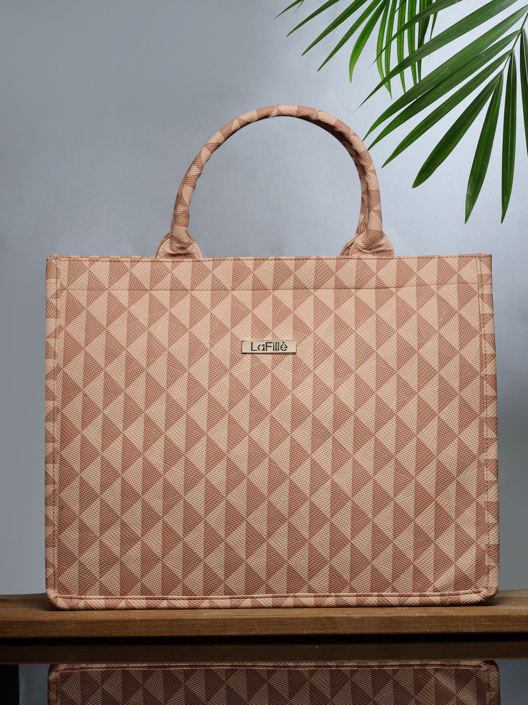 LaFille Geometric Printed Oversized Tote Bag - Up to 16 inch Laptop, Beige