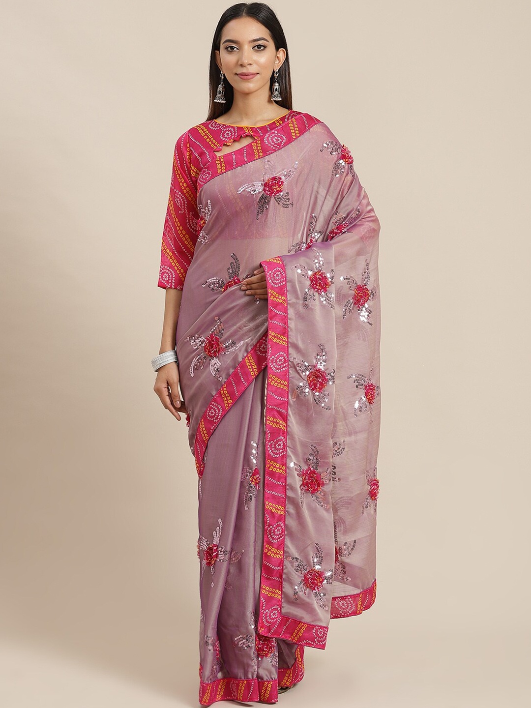 MAHALASA Floral Embroidered Sequinned Pure Chiffon Saree, Pink
