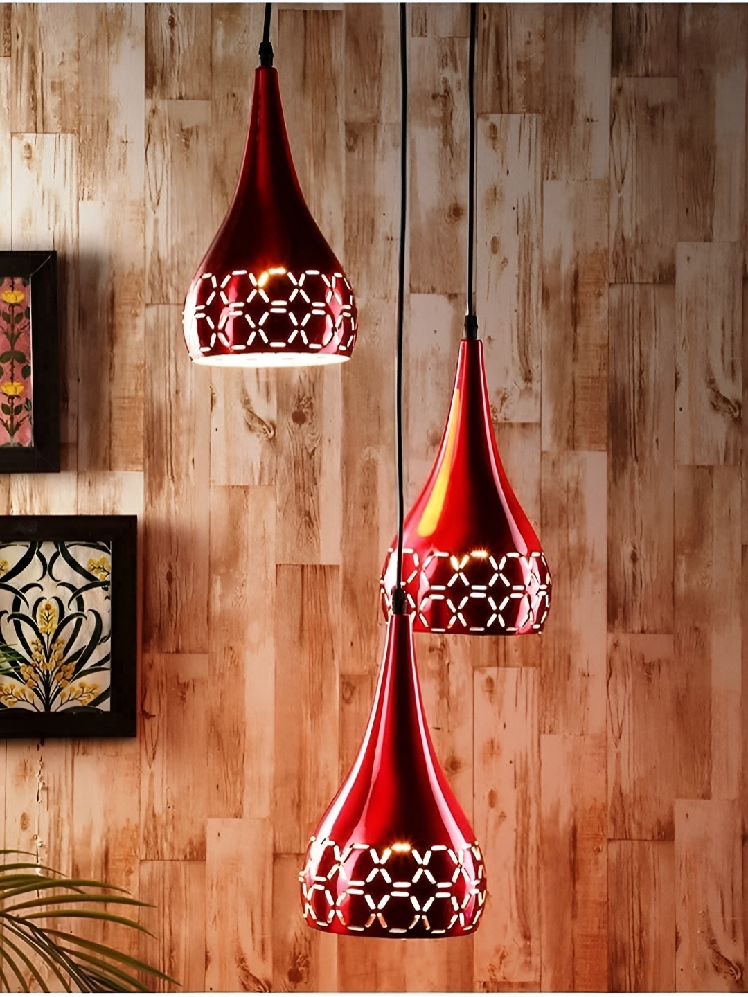 GreyWings Red 3 Pcs Textured Aluminium Bell Ceiling Lamp