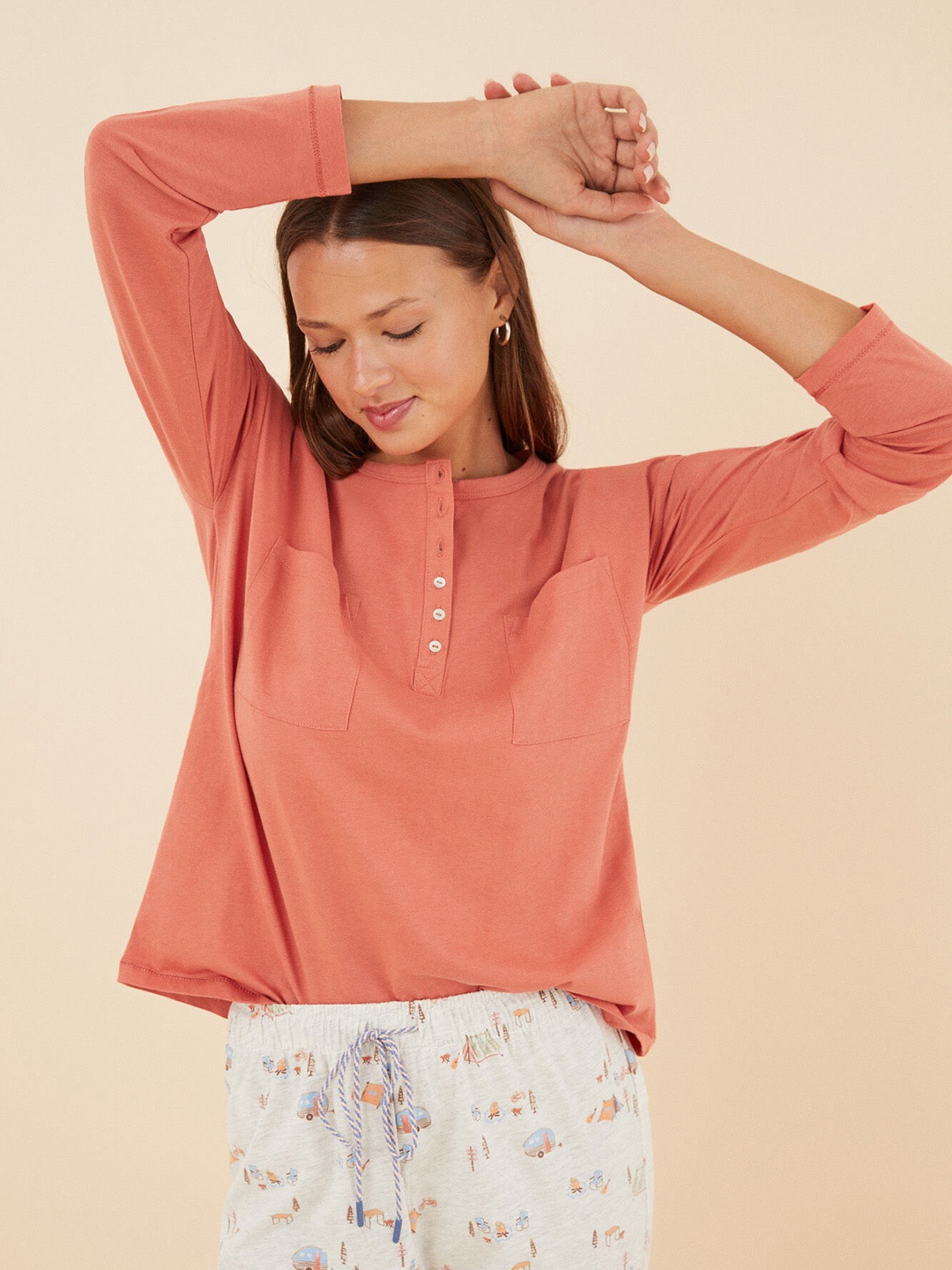 women'secret Pure Cotton Henley Neck Drop-Shoulder Sleeves Pocket Lounge T-shirt, Peach
women'secret Pure Cotton Henley Neck Drop-Shoulder Sleeves Pocket Lounge T-shirt, Peach