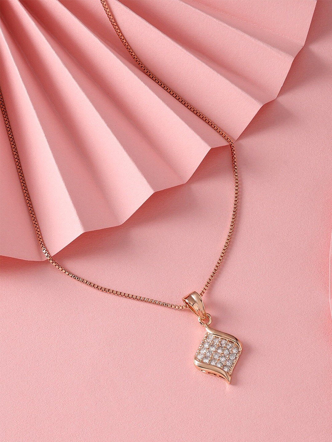 AMI Rose Gold-Plated Cubic Zirconia Studded Contemporary- Shaped Pendants With Chains
AMI Rose Gold-Plated Cubic Zirconia Studded Contemporary- Shaped Pendants With Chains