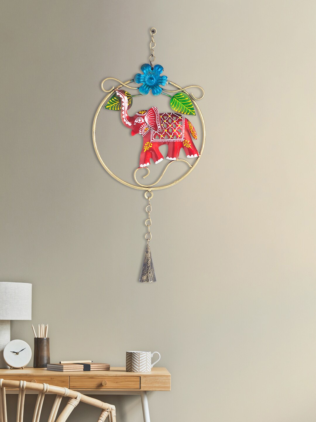Golden Peacock Red & Blue Elephant Hanging Wall Decor