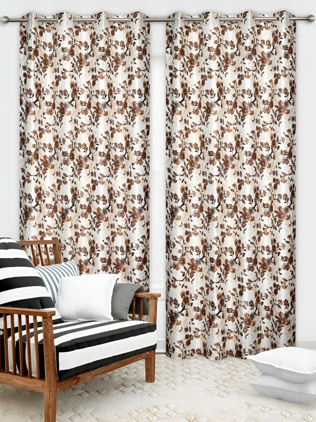 Yes Cart Home Coffee Brown & Off White 2 Pieces Floral Room Darkening Door Curtains