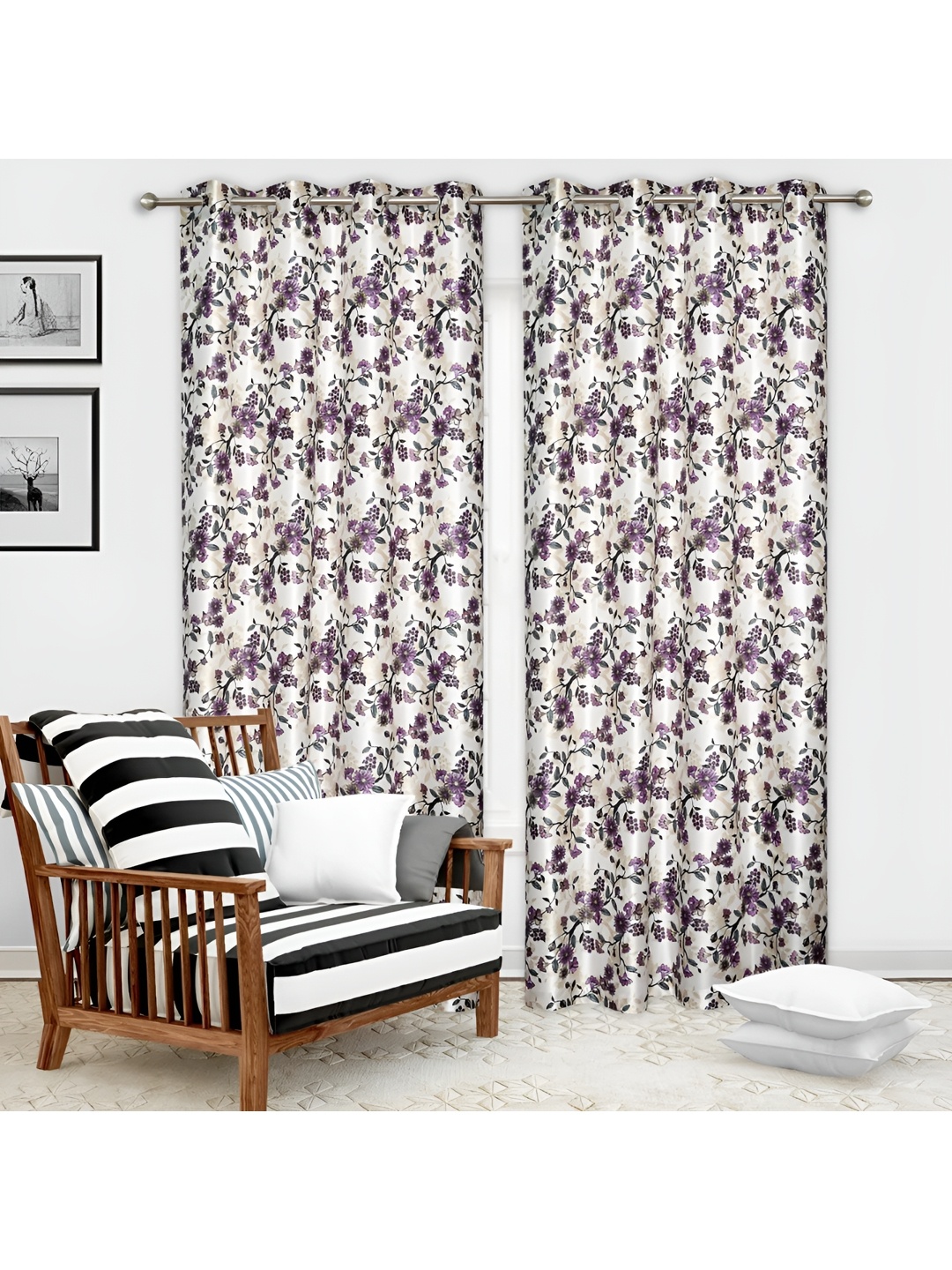 Yes Cart Home Purple & White 2 Pieces Floral Room Darkening Long Door Curtains