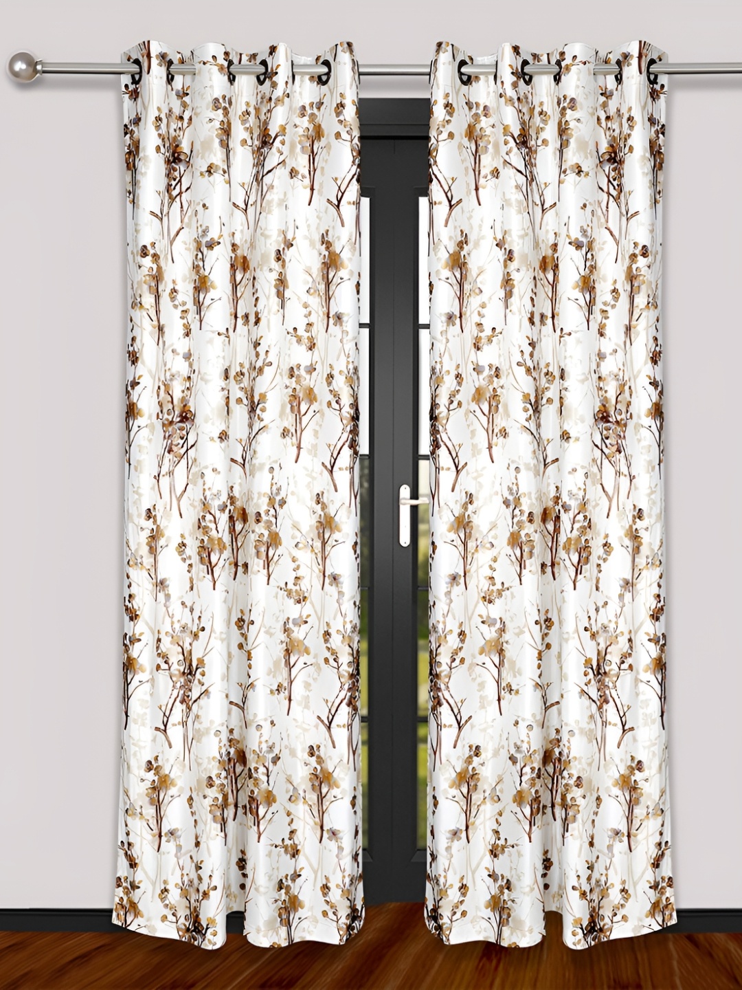 Yes Cart Home Coffee Brown & White 2 Pieces Floral Room Darkening Door Curtains