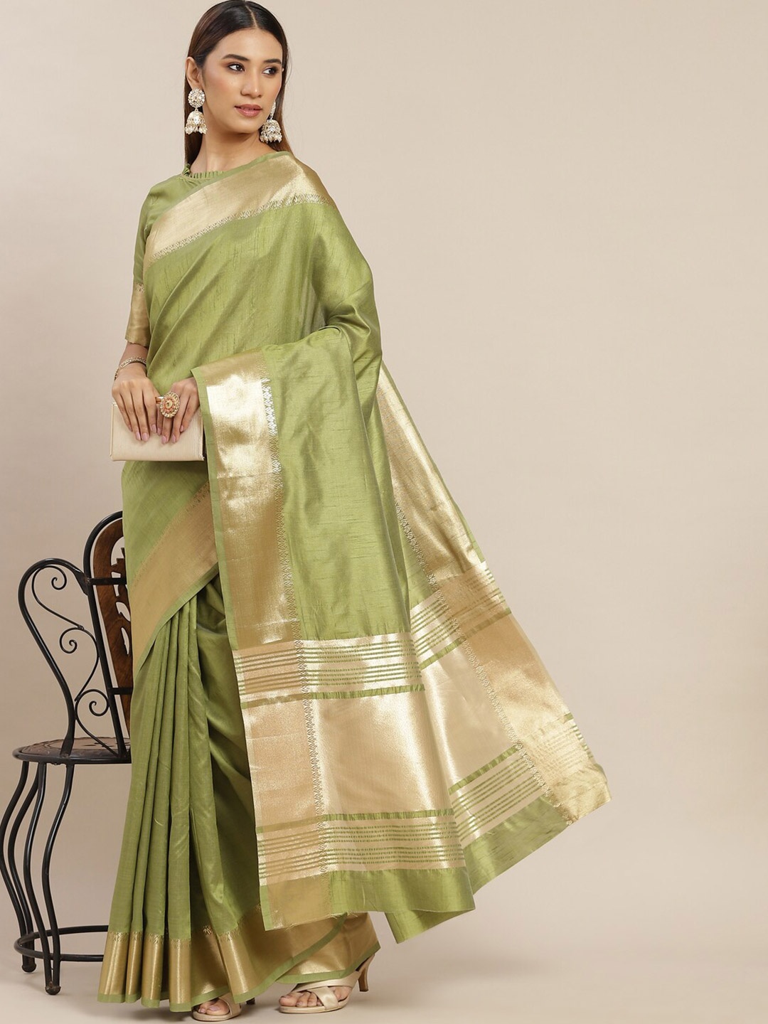 MAHALASA Silk Blend Zari Saree, Green