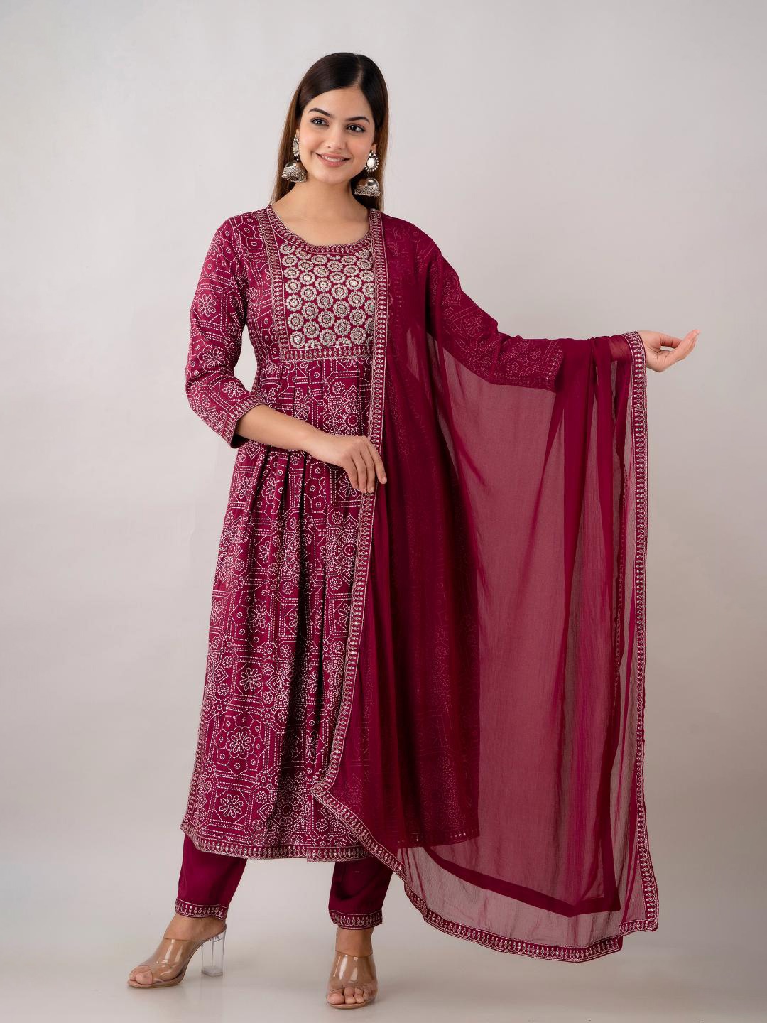 SHOOLIN Ethnic Motifs Printed Thread Work Straight Printed Kurta & Trouser With Dupatta, Maroon
SHOOLIN Ethnic Motifs Printed Thread Work Straight Printed Kurta & Trouser With Dupatta, Maroon