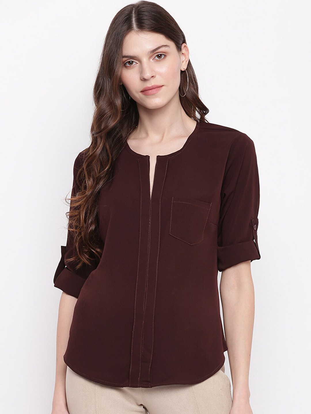 DressBerry Coffee Brown Roll-Up Sleeves Crepe Shirt Style Top
DressBerry Coffee Brown Roll-Up Sleeves Crepe Shirt Style Top