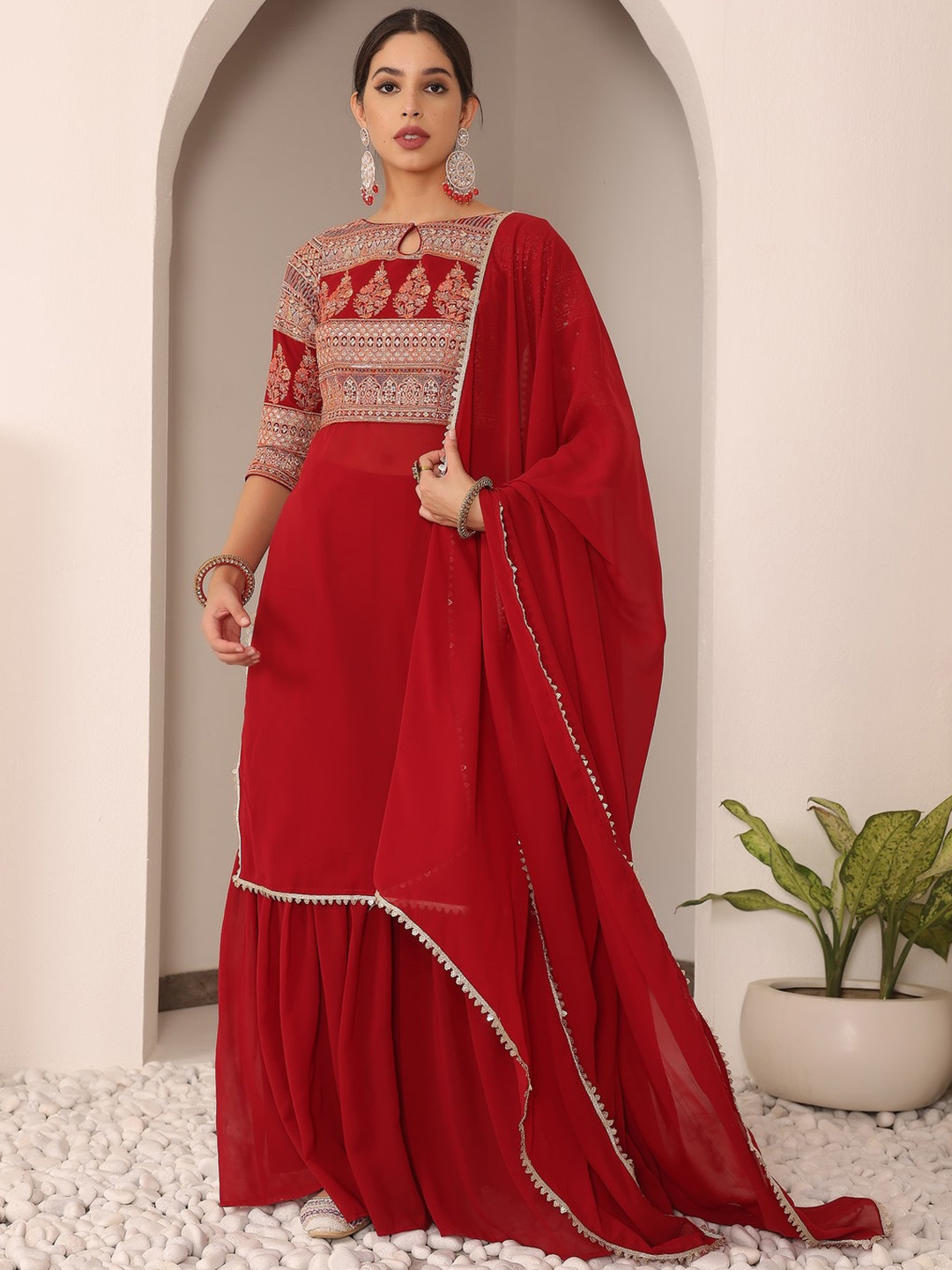 Ethnovog Embroidered Yoke Design Georgette Kurta With Sharara & Dupatta, Maroon
Ethnovog Embroidered Yoke Design Georgette Kurta With Sharara & Dupatta, Maroon