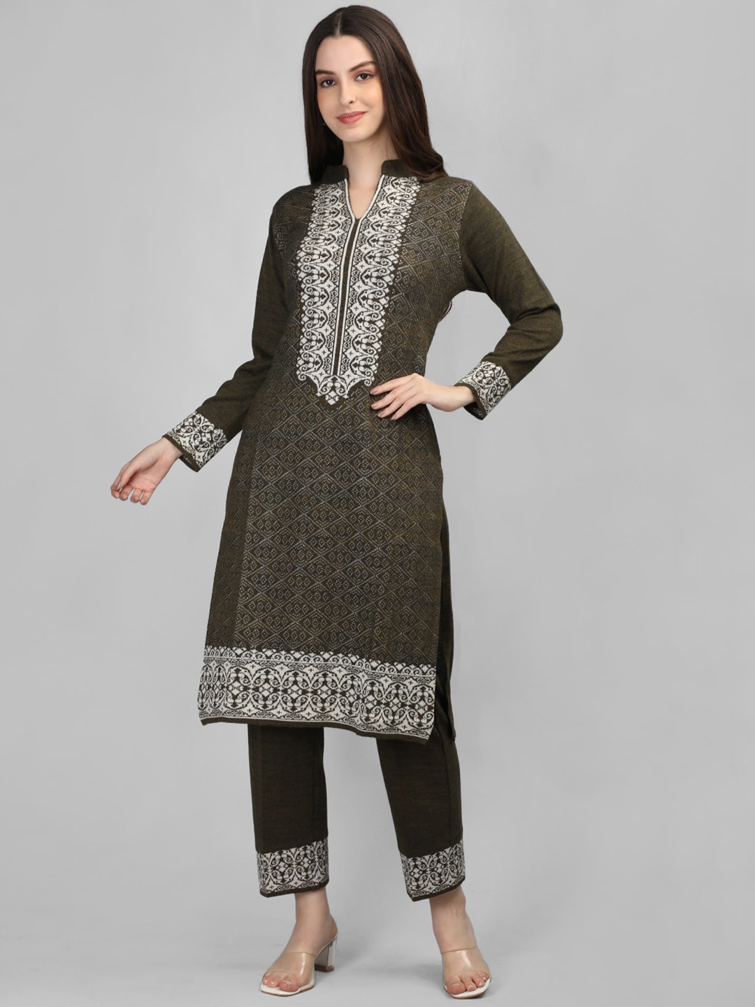 MIKHAD Ethnic Motifs Printed Mandarin Collar Knitted Jacquard Wool Kurta with Trousers, Brown
MIKHAD Ethnic Motifs Printed Mandarin Collar Knitted Jacquard Wool Kurta with Trousers, Brown