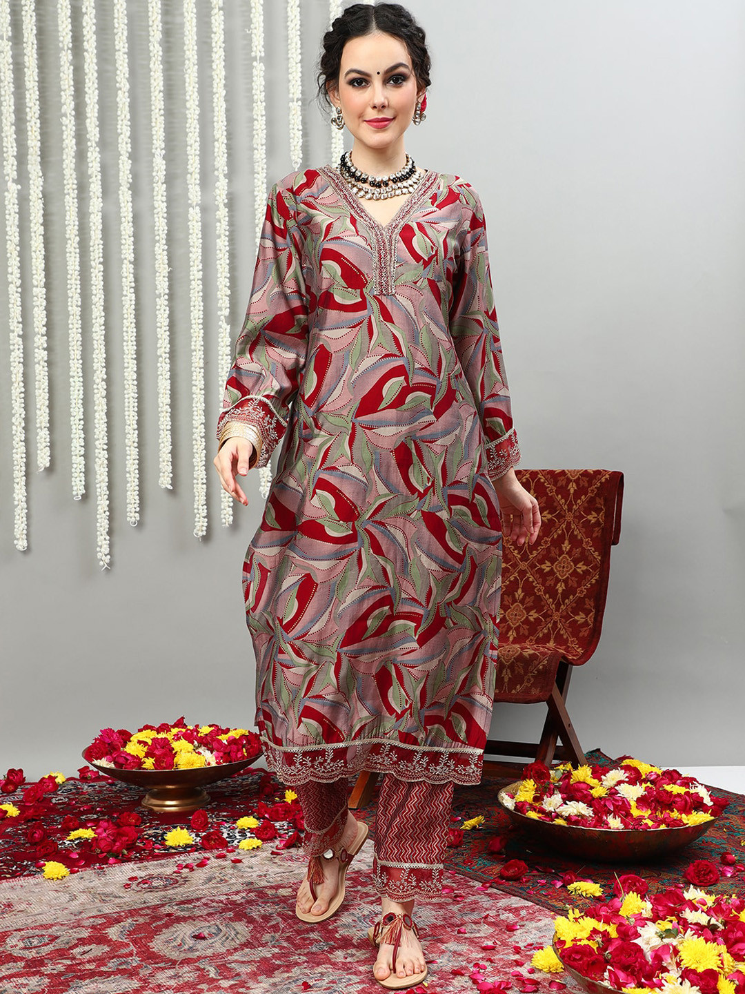 Vastramyaa Geometric Printed Patti Pure Silk Straight Kurta With Palazzo & Dupatta, Red
Vastramyaa Geometric Printed Patti Pure Silk Straight Kurta With Palazzo & Dupatta, Red