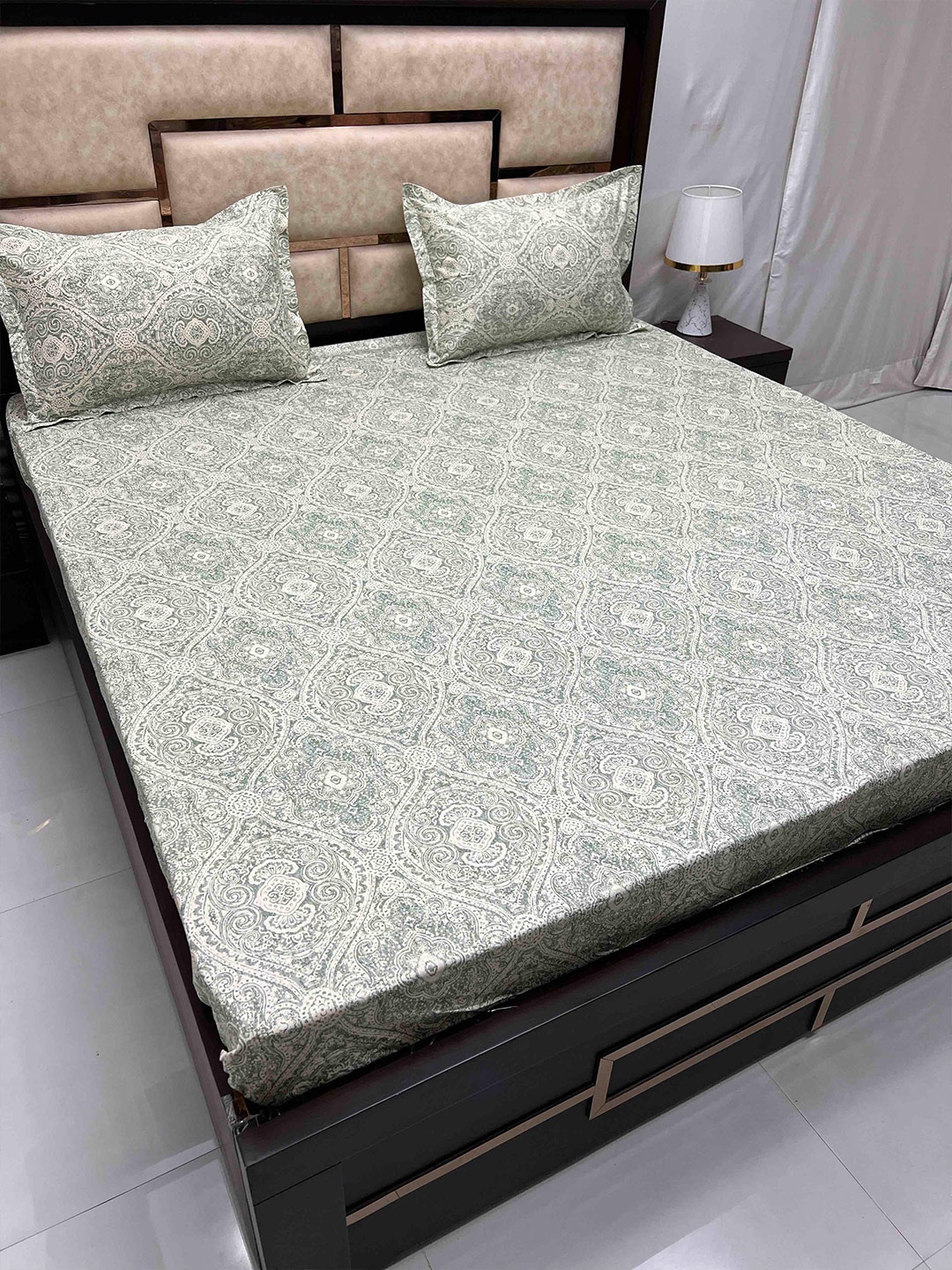 Pure Decor Beige & Green Ethnic Motifs Cotton 300 TC King Bedsheet with 2 Pillow Covers