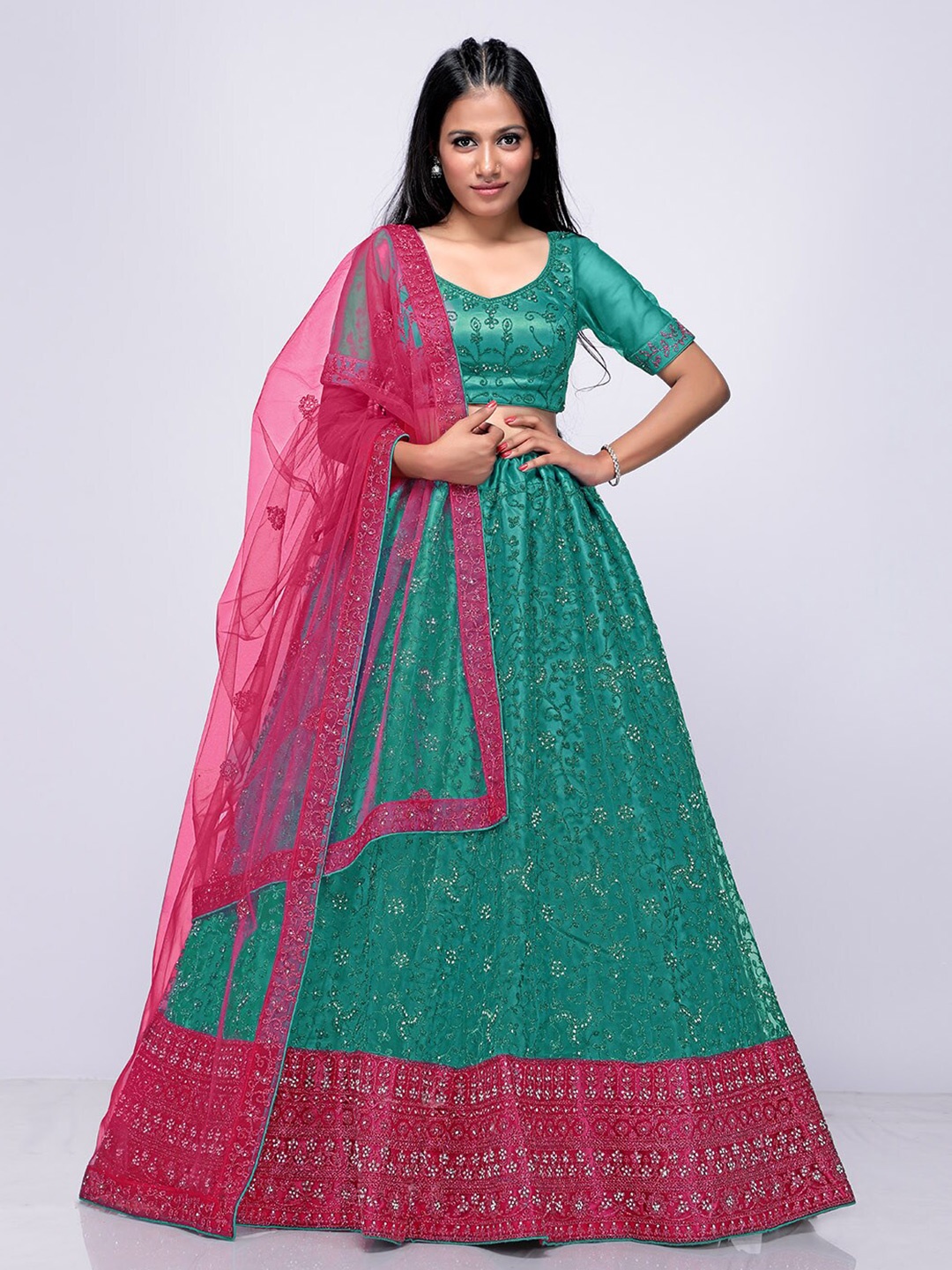 HALFSAREE STUDIO Embroidered Net Semi-Stitched Lehenga & Unstitched Blouse With Dupatta, Green
HALFSAREE STUDIO Embroidered Net Semi-Stitched Lehenga & Unstitched Blouse With Dupatta, Green