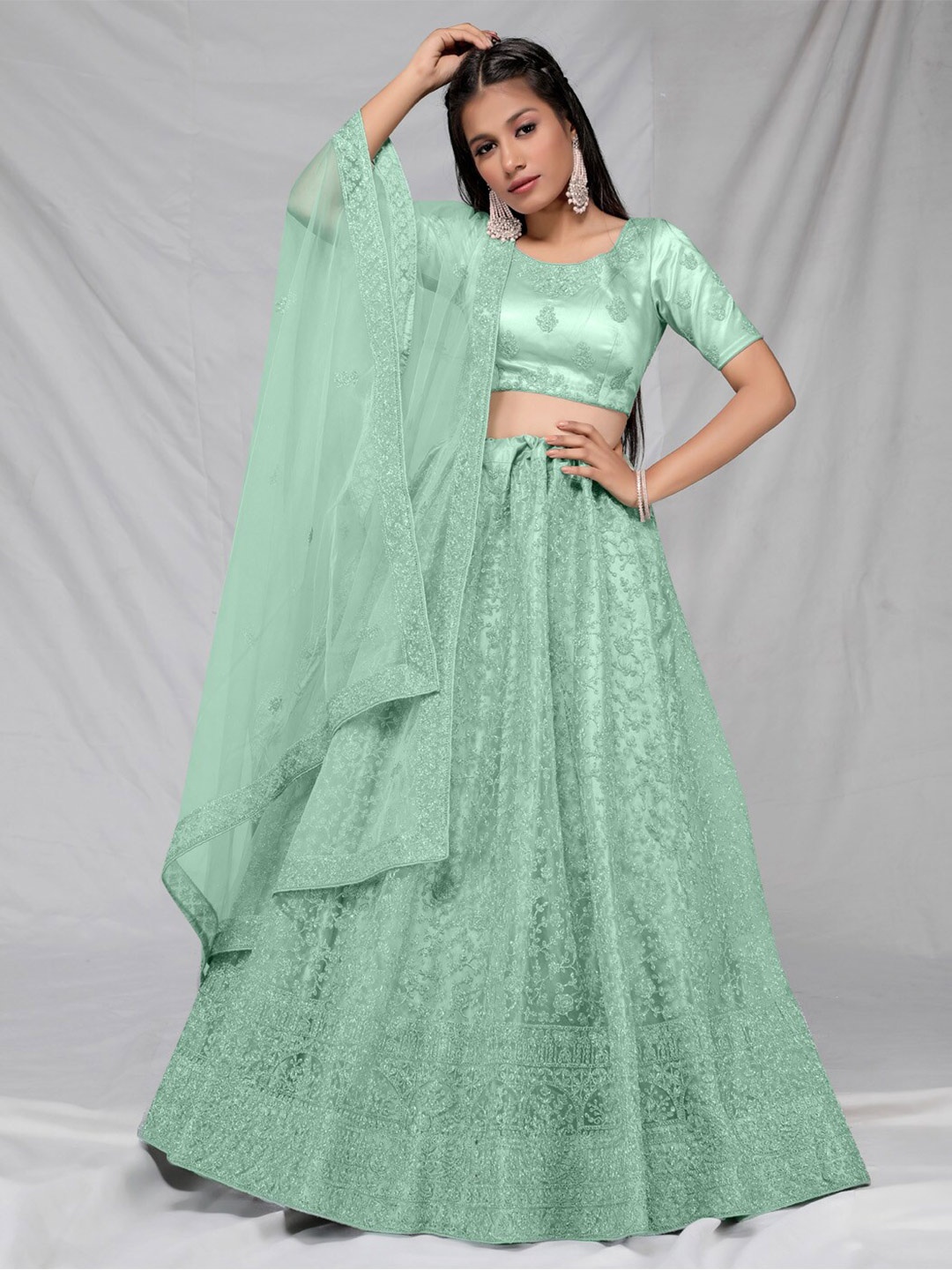HALFSAREE STUDIO Embroidered Net Semi-Stitched Lehenga & Unstitched Blouse With Dupatta, Green
HALFSAREE STUDIO Embroidered Net Semi-Stitched Lehenga & Unstitched Blouse With Dupatta, Green