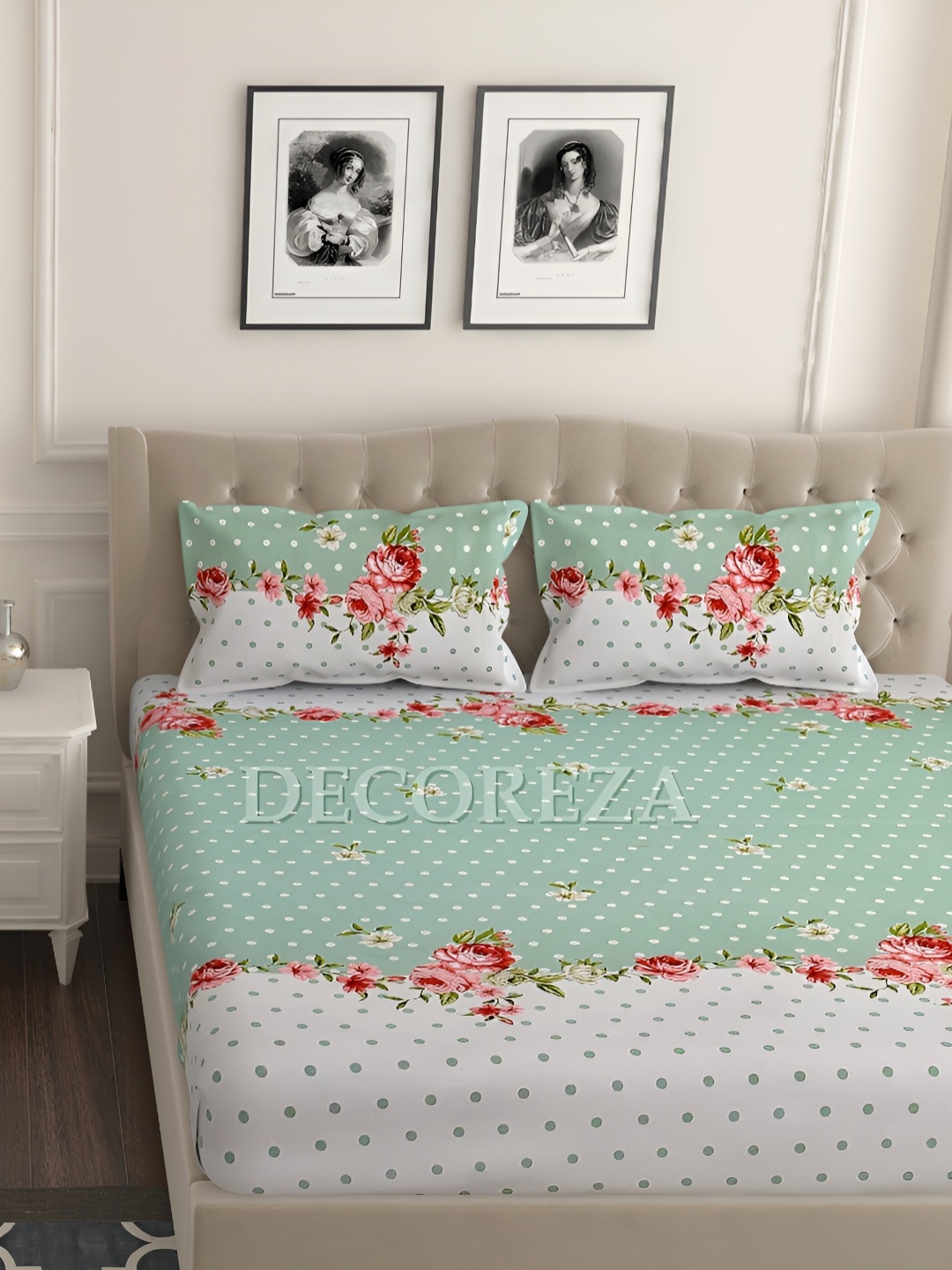 DECOREZA Green & White Floral Cotton 240 TC King Fitted Bedsheet with 2 Pillow Covers
DECOREZA Green & White Floral Cotton 240 TC King Fitted Bedsheet with 2 Pillow Covers