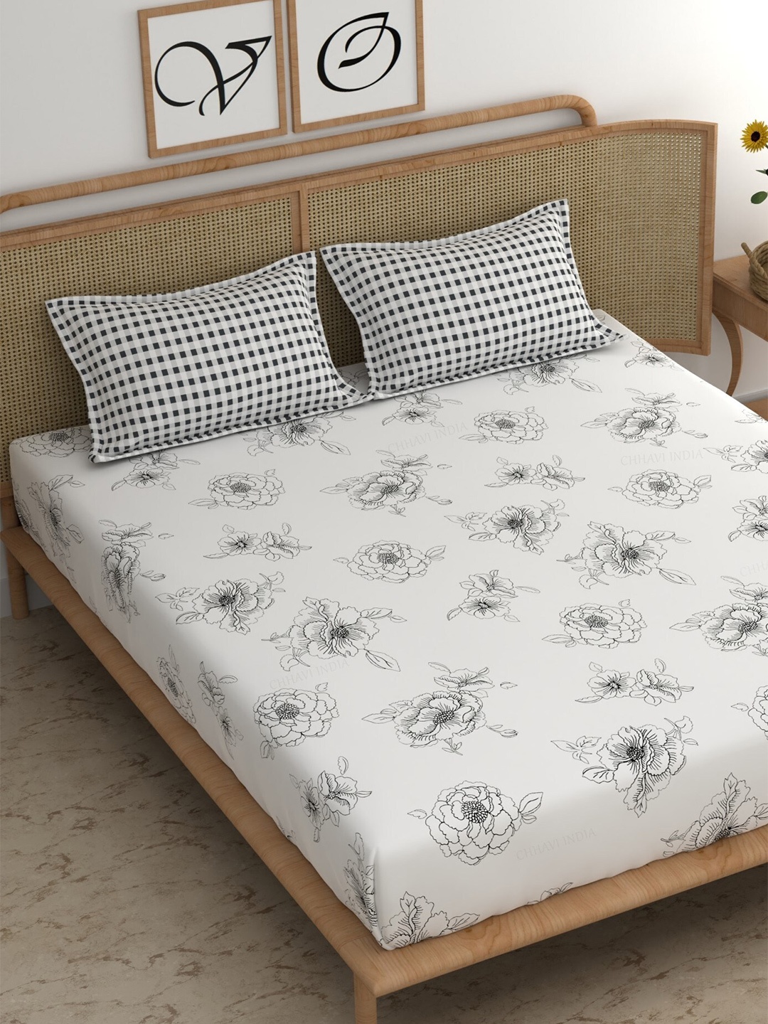 CHHAVI INDIA Grey & Black Floral Cotton 210 TC King Bedsheet with 2 Pillow Covers, White
CHHAVI INDIA Grey & Black Floral Cotton 210 TC King Bedsheet with 2 Pillow Covers, White