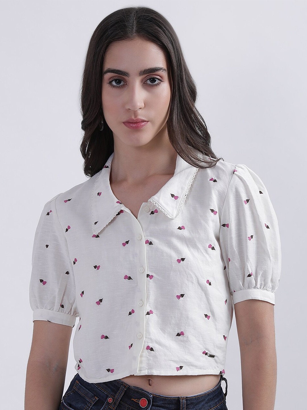ELLE Floral Printed Spread Collar Puff Sleeves Linen Shirt Style Crop Top, White
ELLE Floral Printed Spread Collar Puff Sleeves Linen Shirt Style Crop Top, White