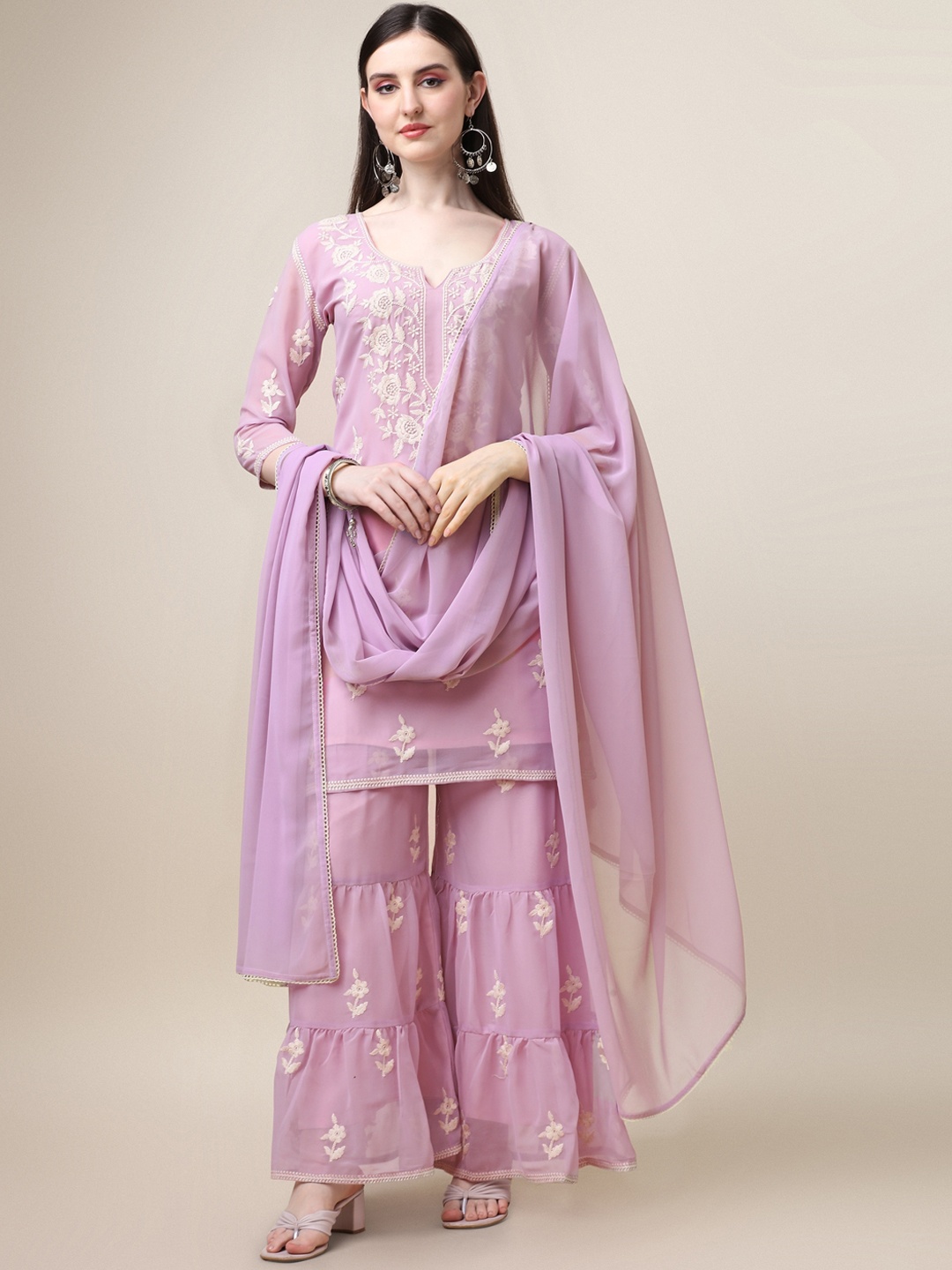 KALINI Floral Embroidered Round Neck Regular Thread Work Kurta With Sharara & Dupatta, Lavender
KALINI Floral Embroidered Round Neck Regular Thread Work Kurta With Sharara & Dupatta, Lavender