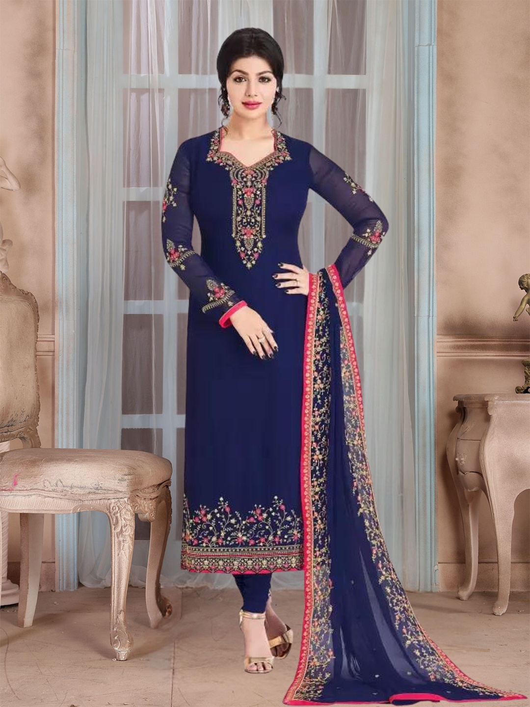 KALINI Ethnic Motifs Embroidered Thread Work Detailed Semi-Stitched Dress Material, Navy blue
KALINI Ethnic Motifs Embroidered Thread Work Detailed Semi-Stitched Dress Material, Navy blue