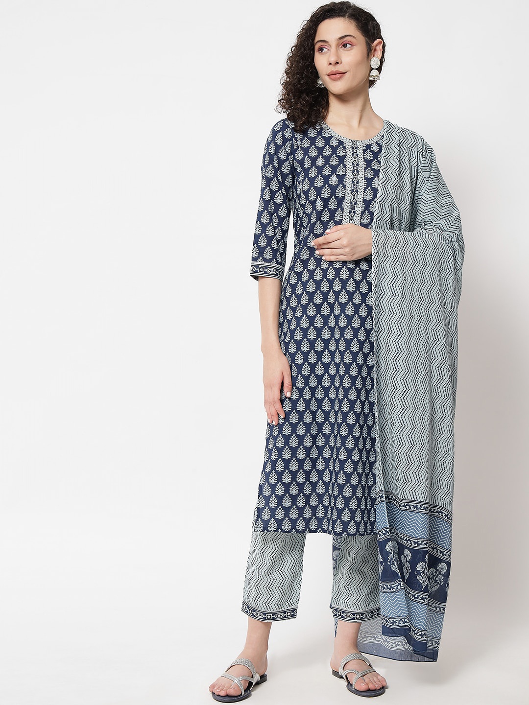 AAYUMI Ethnic Motifs Printed Mirror Work Pure Cotton Kurta with Trousers & Dupatta, Blue
AAYUMI Ethnic Motifs Printed Mirror Work Pure Cotton Kurta with Trousers & Dupatta, Blue