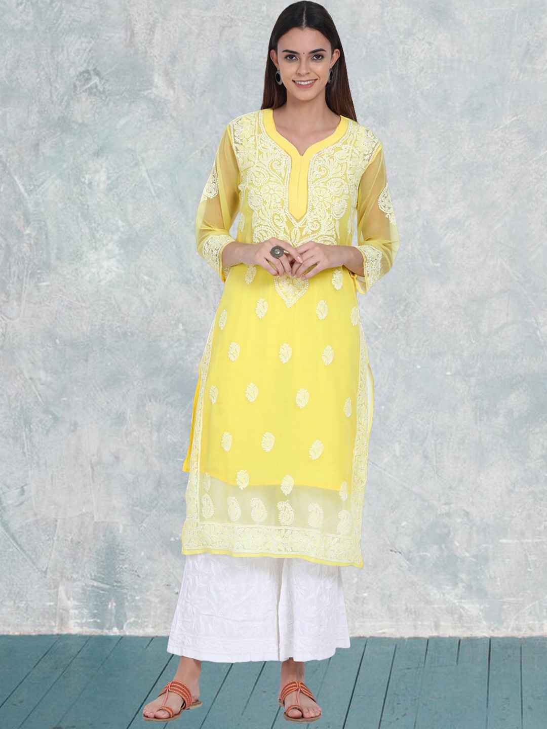 PARAMOUNT CHIKAN Ethnic Motifs Embroidered Chikankari Georgette Kurta With Slip, Yellow
PARAMOUNT CHIKAN Ethnic Motifs Embroidered Chikankari Georgette Kurta With Slip, Yellow
