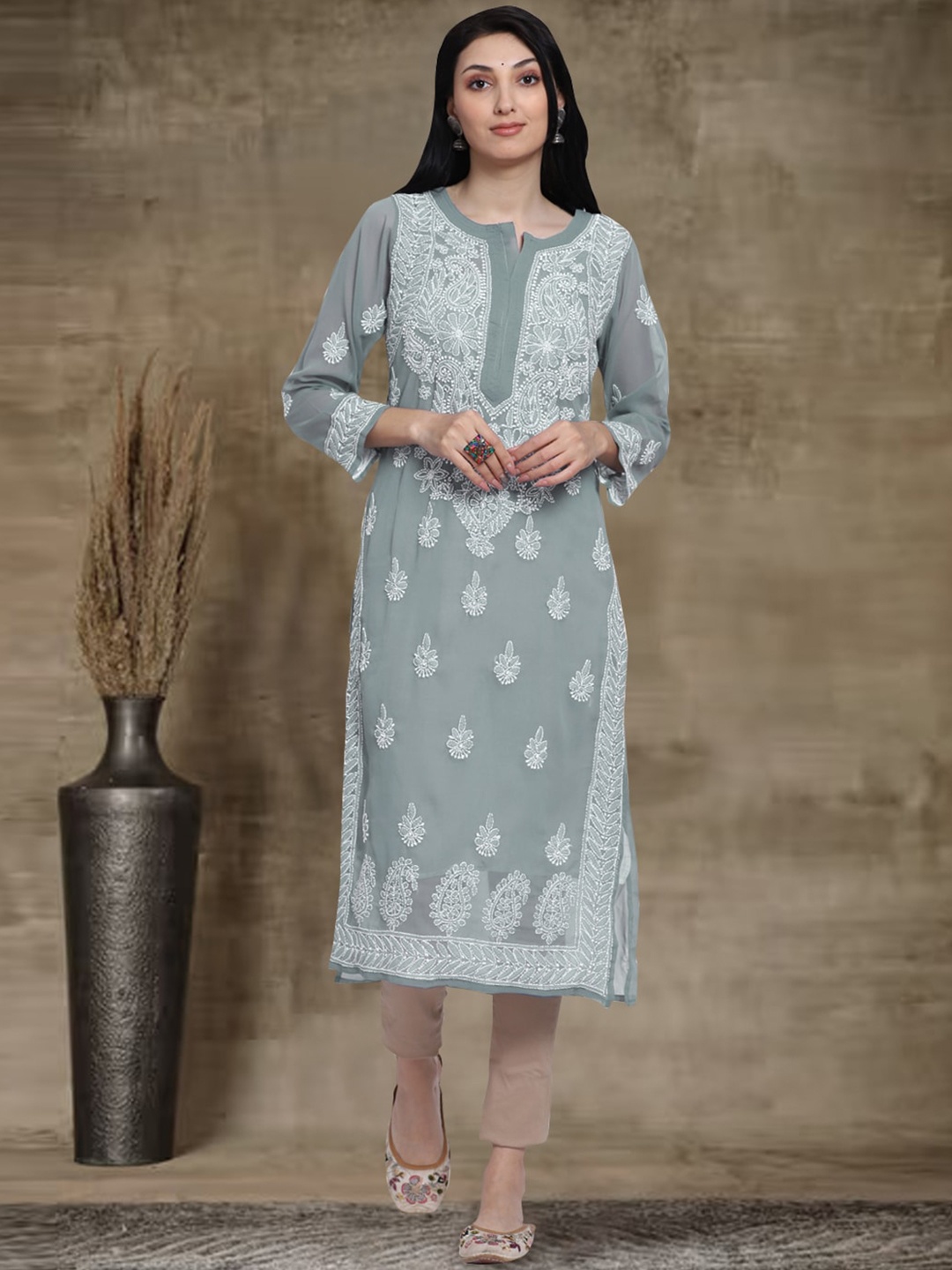 PARAMOUNT CHIKAN Ethnic Motifs Embroidered Chikankari Georgette Kurta With Slip, Grey
PARAMOUNT CHIKAN Ethnic Motifs Embroidered Chikankari Georgette Kurta With Slip, Grey