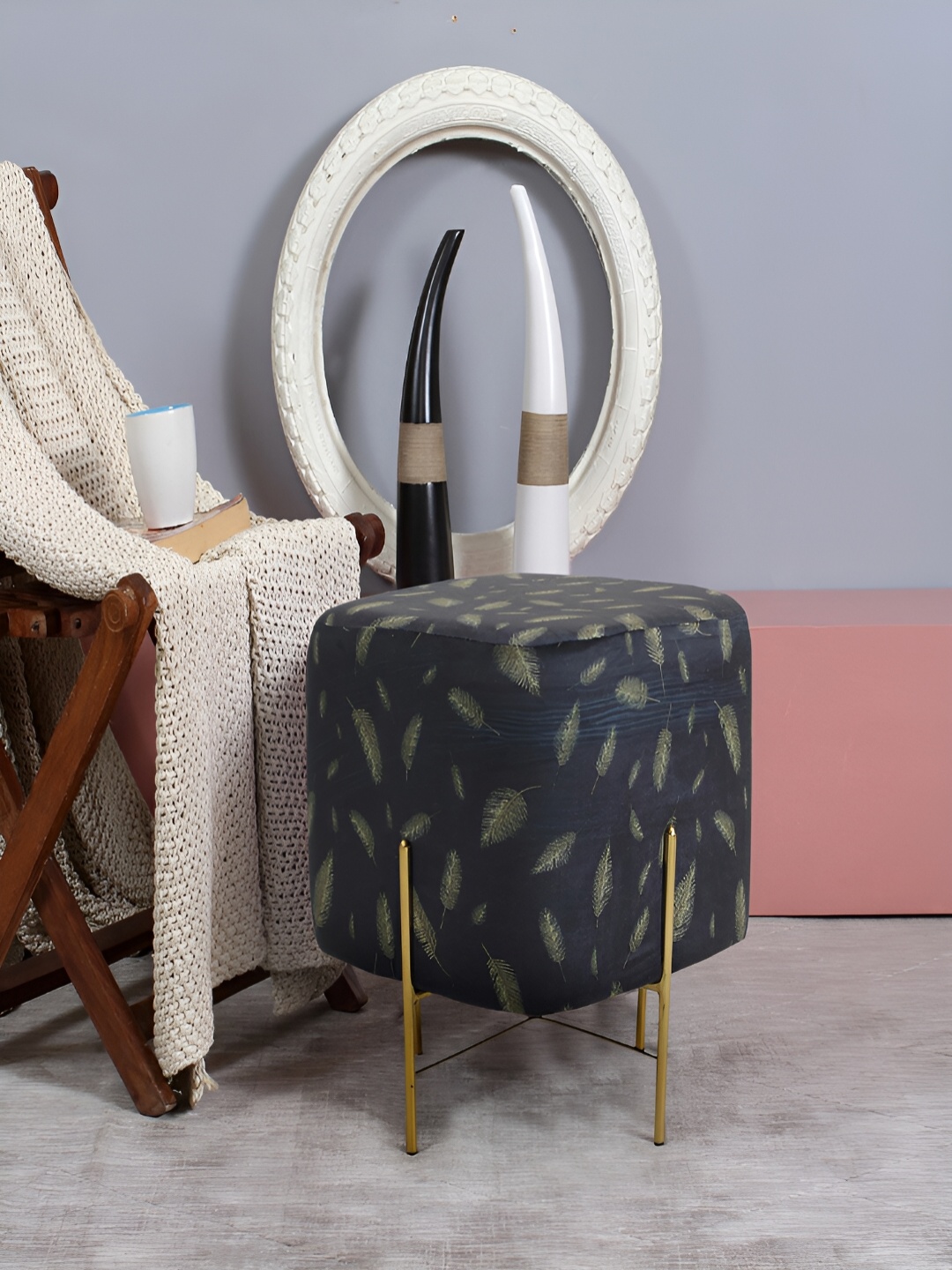 COMFIDELITAS Navy-Blue & Beige Leaf Printed Square-Shaped Seating Ottoman With Legs
COMFIDELITAS Navy-Blue & Beige Leaf Printed Square-Shaped Seating Ottoman With Legs
