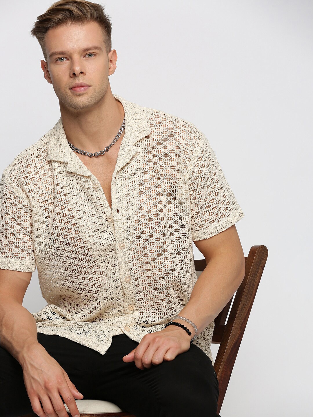 SHOWOFF Comfort Geometric Self Design Cuban Collar Sheer Cotton Casual Crochet Shirt, Cream
SHOWOFF Comfort Geometric Self Design Cuban Collar Sheer Cotton Casual Crochet Shirt, Cream