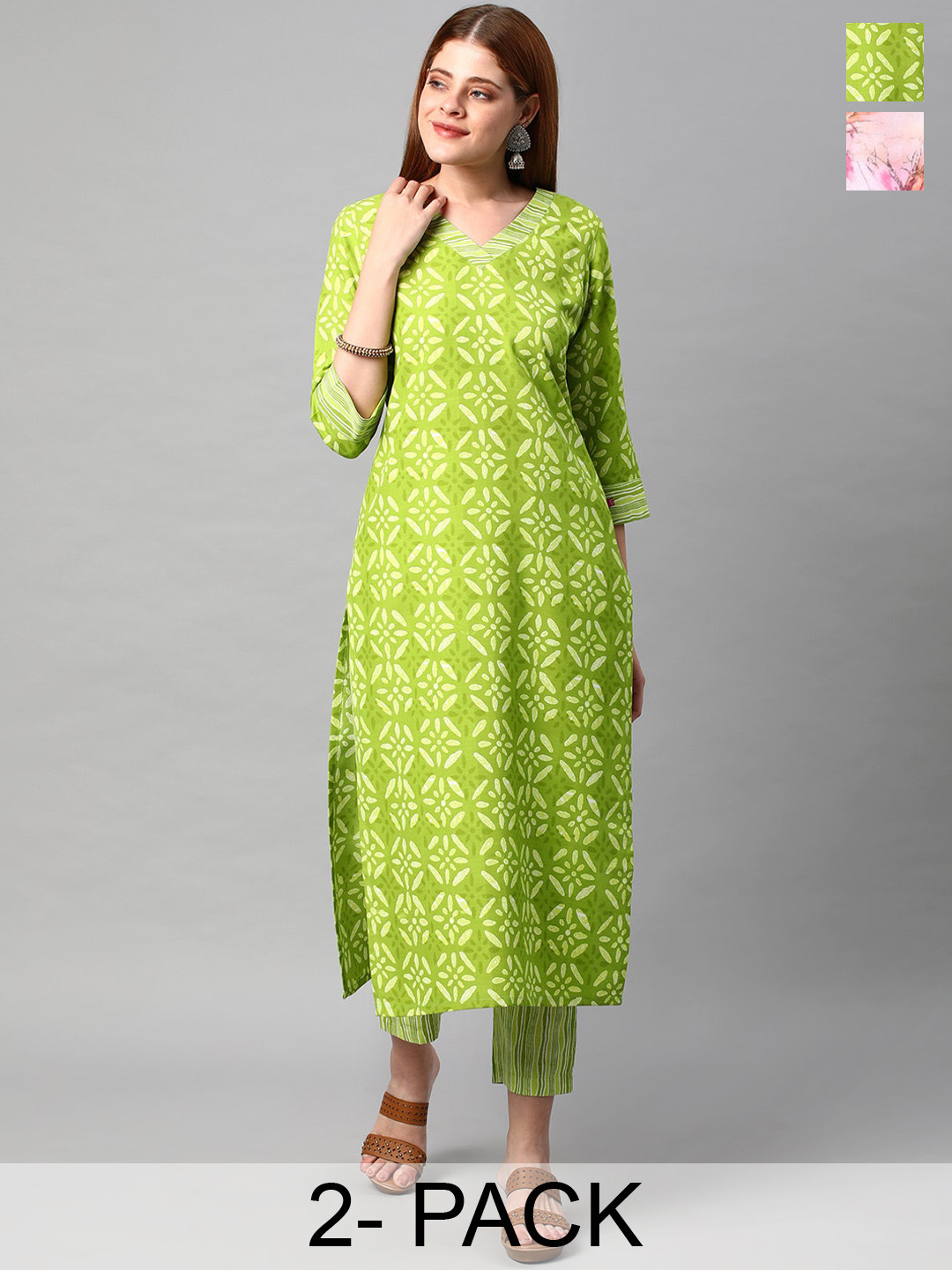 KALINI Selection of 2 Ethnic Motif Printed Straight Kurta With Trousers, Green 
KALINI Selection of 2 Ethnic Motif Printed Straight Kurta With Trousers, Green
