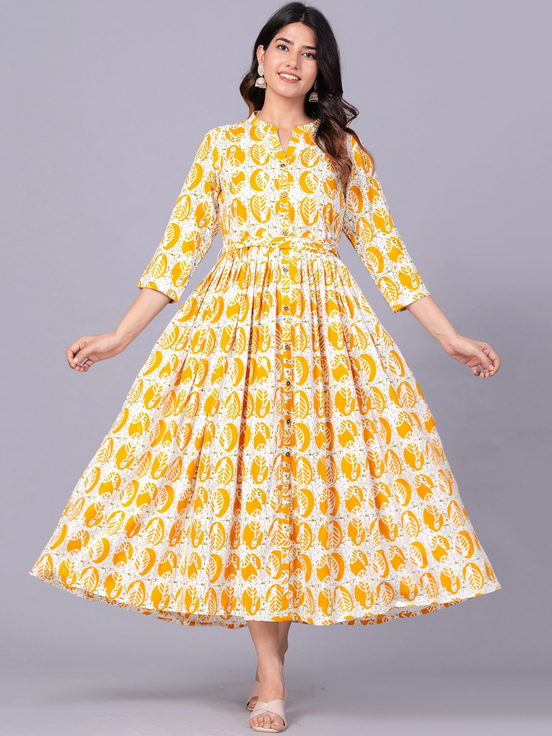 JAIPURI COLLECTION Ethnic Printed Mandarin Collar Gathered Fit & Flare Midi Ethnic Dress, Yellow
JAIPURI COLLECTION Ethnic Printed Mandarin Collar Gathered Fit & Flare Midi Ethnic Dress, Yellow