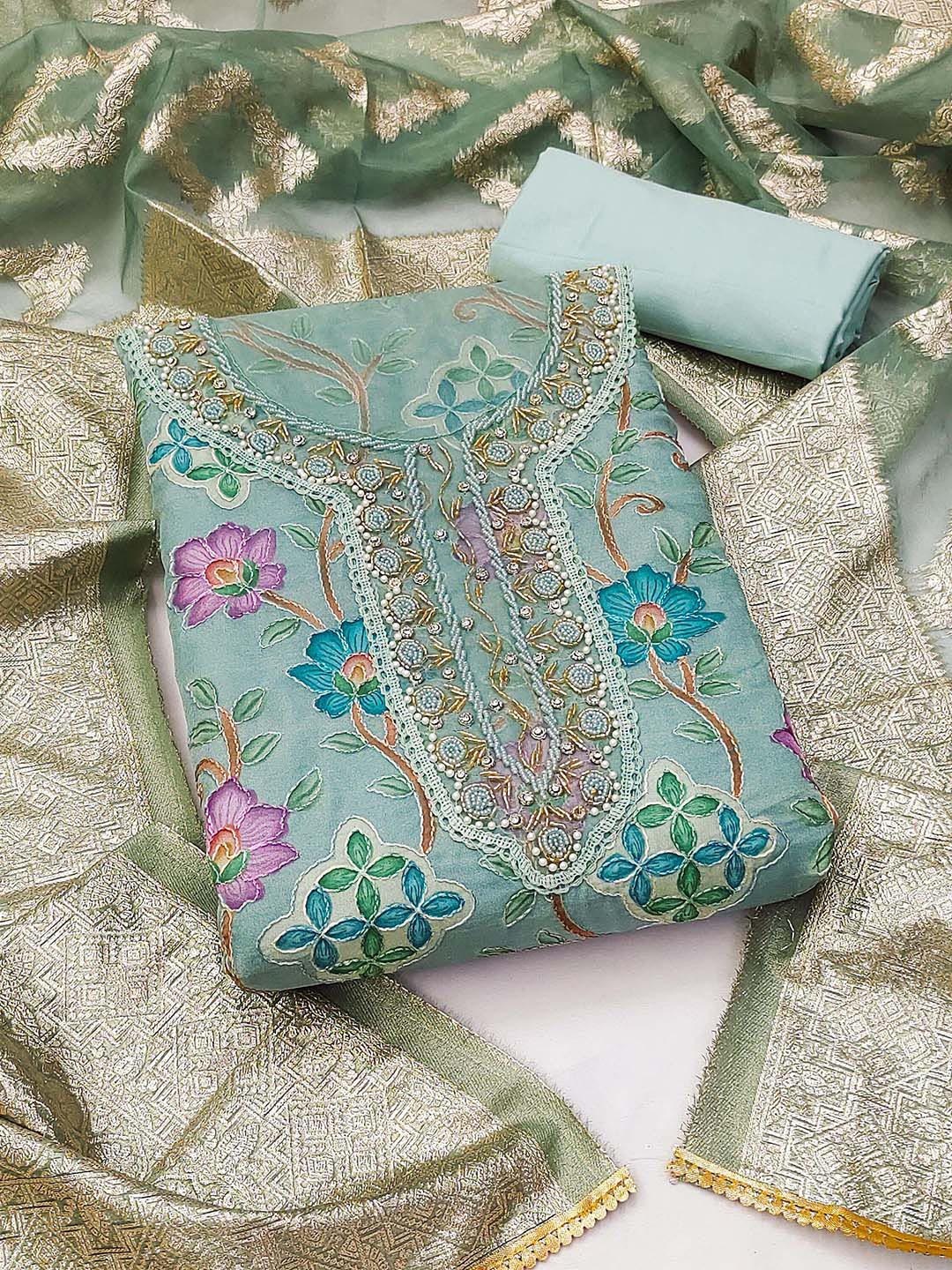 KALINI Floral Embroidered Beads & Stones Detailed Organza Unstitched Dress Material, Blue
KALINI Floral Embroidered Beads & Stones Detailed Organza Unstitched Dress Material, Blue