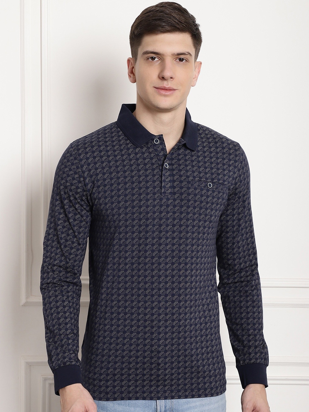 CONFIDENCE Geometric Printed Slim Fit Polo Collar Long Sleeves Cotton T-shirt, Navy blue
CONFIDENCE Geometric Printed Slim Fit Polo Collar Long Sleeves Cotton T-shirt, Navy blue
