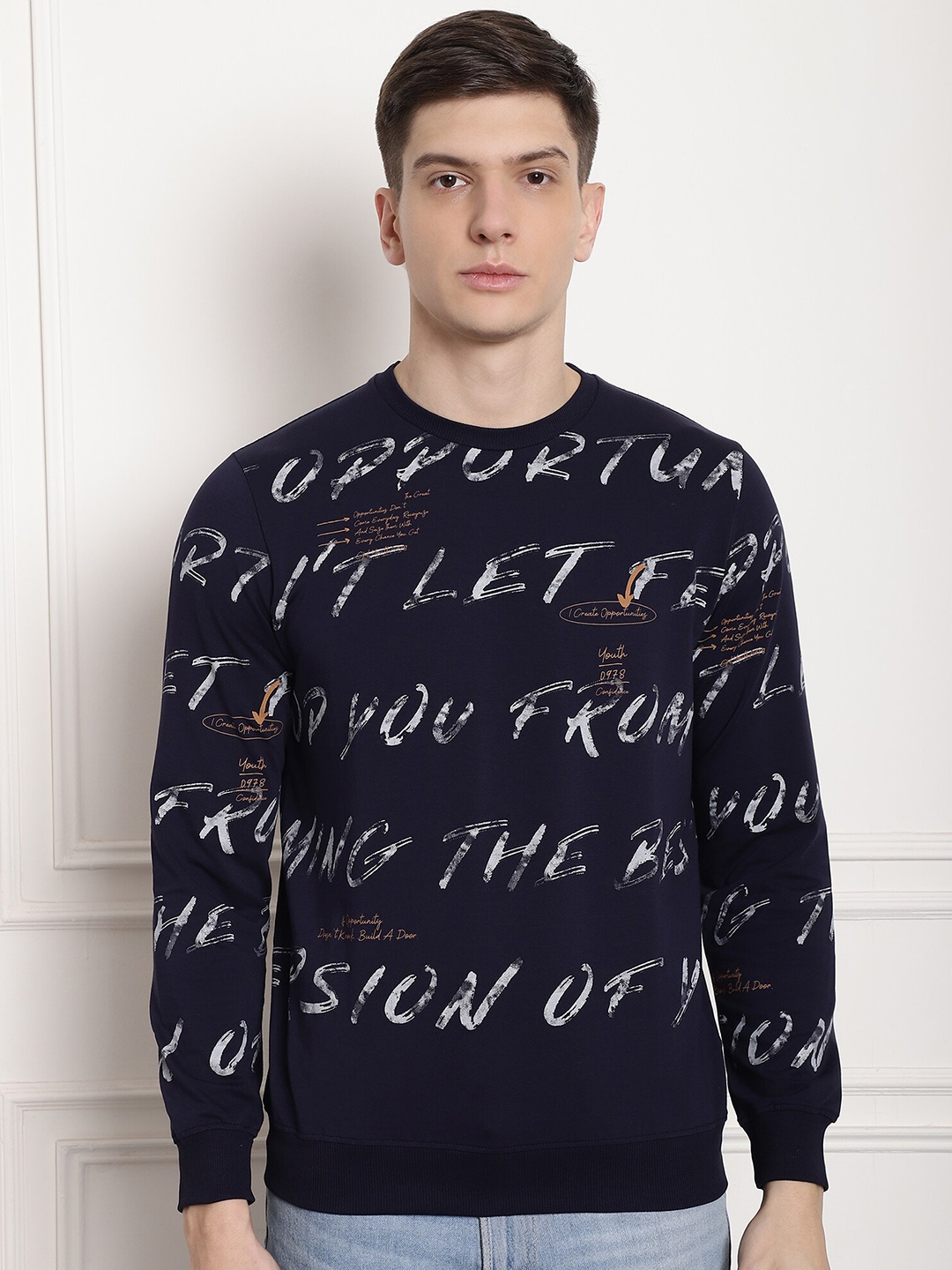 CONFIDENCE Typography Printed Round Neck Long Sleeves Cotton Pullover Sweatshirt, Navy blue
CONFIDENCE Typography Printed Round Neck Long Sleeves Cotton Pullover Sweatshirt, Navy blue