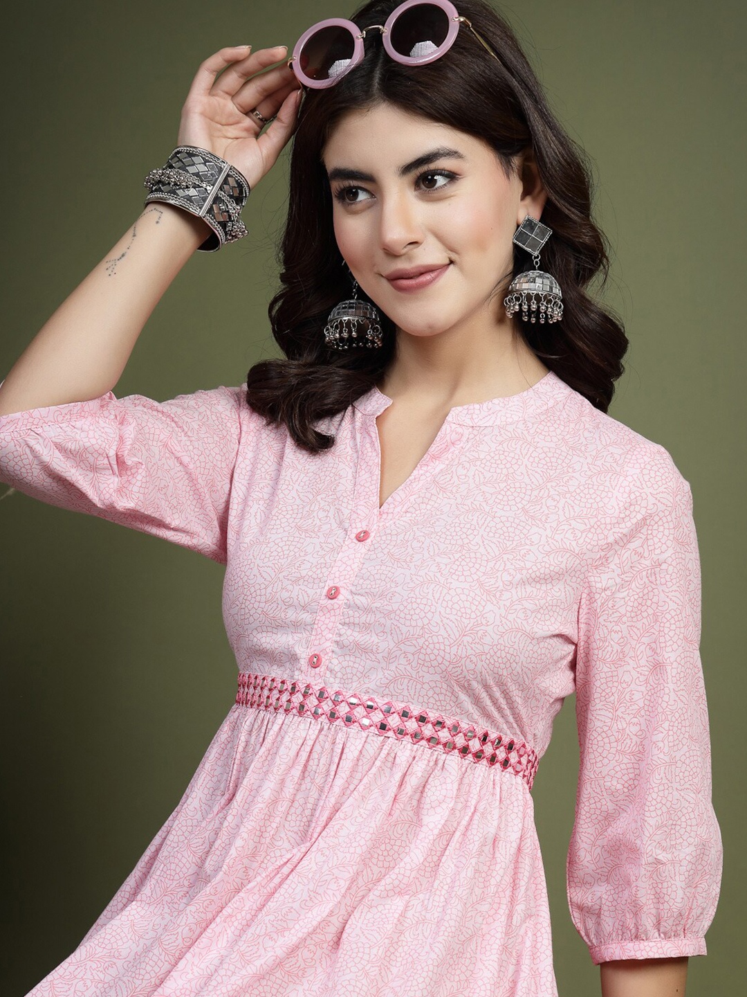 Sangria Floral Printed Mandarin Collar Mirror Work Cotton Fit & Flare Midi Ethnic Dress, Pink
Sangria Floral Printed Mandarin Collar Mirror Work Cotton Fit & Flare Midi Ethnic Dress, Pink