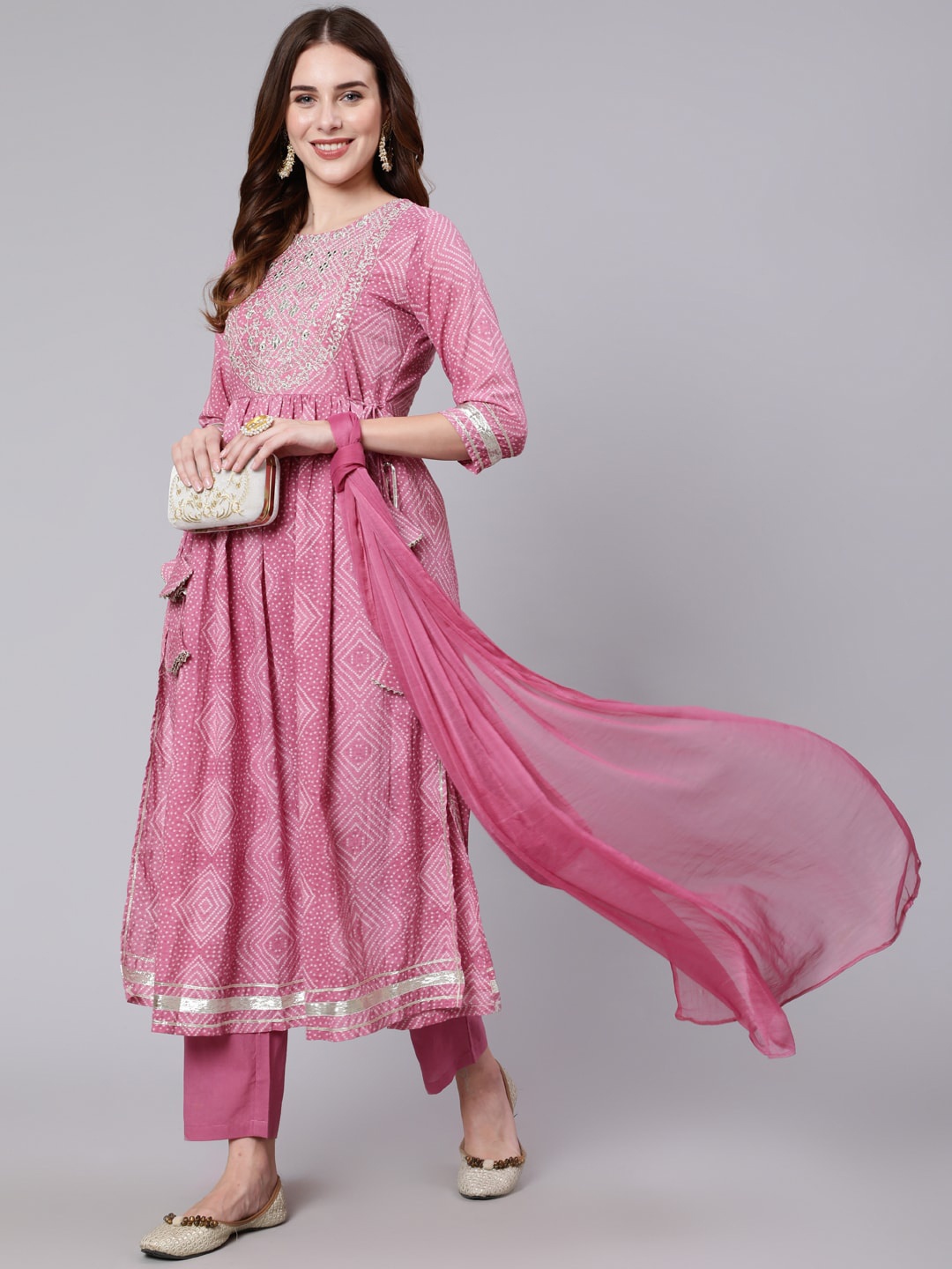 AADAT Bandhani Printed Mirror Work Regular Pure Cotton Kurta With Trouser & Dupatta, Pink
AADAT Bandhani Printed Mirror Work Regular Pure Cotton Kurta With Trouser & Dupatta, Pink