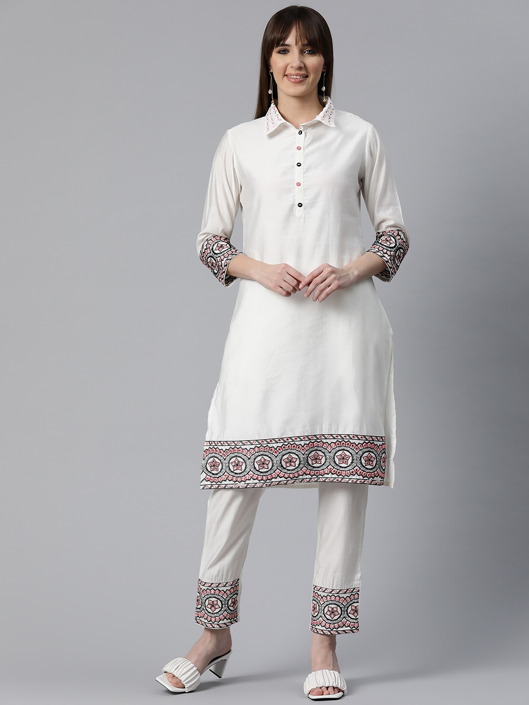 Readiprint Women White Ethnic Motifs Embroidered Regular Mirror Work Pure Silk Kurta with Trousers
Readiprint Women White Ethnic Motifs Embroidered Regular Mirror Work Pure Silk Kurta with Trousers