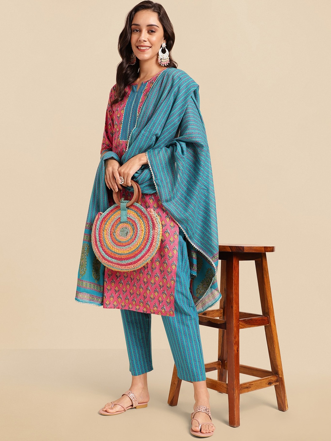 KALINI Ethnic Motifs Printed Gotta Patti Pure Cotton Kurta With Trousers & Dupatta, Pink
KALINI Ethnic Motifs Printed Gotta Patti Pure Cotton Kurta With Trousers & Dupatta, Pink
