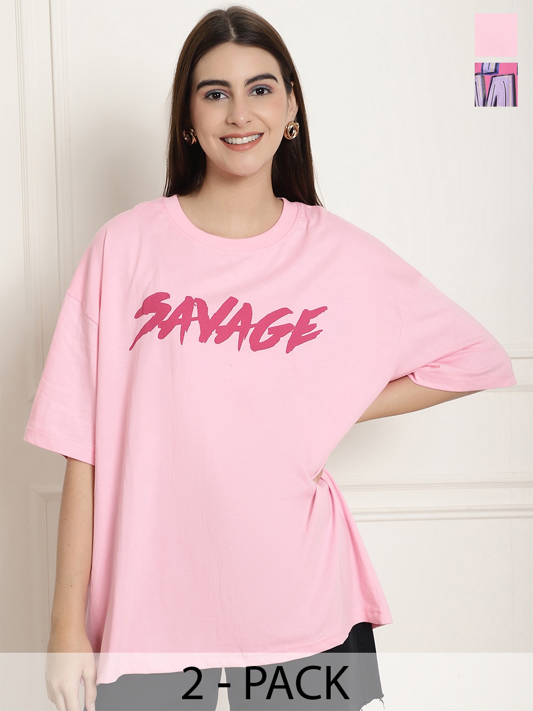 Fabflee Pack 2 Typography Printed Drop-Shoulder Sleeves Oversized Cotton T-shirt, Pink
Fabflee Pack 2 Typography Printed Drop-Shoulder Sleeves Oversized Cotton T-shirt, Pink