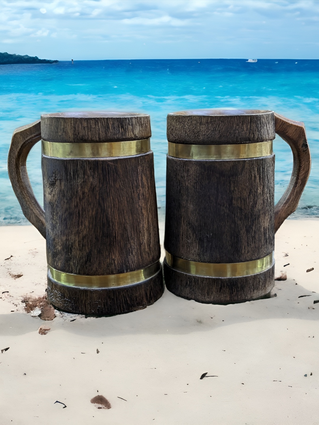 NB Decors Brown & Gold Toned 2 Pieces Wooden Beer Mug 600 ml